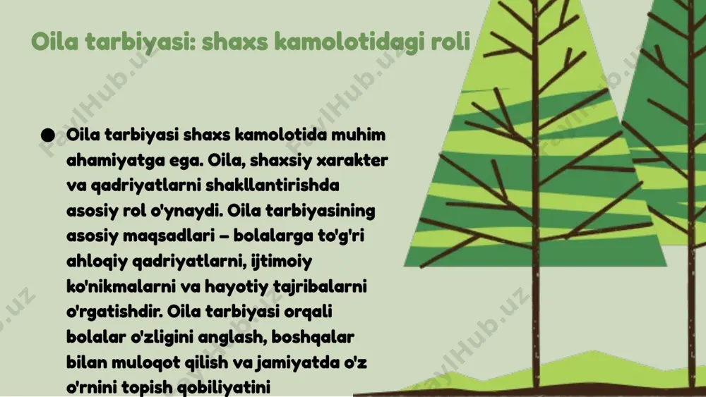 lariga olib kelishi mumkin. 4. tarbiyaviy qadriyatlarning o'zgarishi, bu esa bolalarning shaxsiyati va dunyoqarashiga ta'sir qiladi. ushbu muammolarni hal etish uchun ota-onalar va jamiyat birgalikda ish olib borishi zarur. masalan, ota-onalar bolalar bilan sifatli vaqt o'tkazishi, raqamli texnologiyalarni muvozanatli ishlatishi va muloqot ko'nikmalarini rivojlantirishi lozim. bunda, uzoq muddatli ta'sirlar sifatida bolalarning o'ziga bo'lgan ishonchi, ijtimoiy ko'nikmalari va ruhiy salomatligi yaxshilanishi mumkin. photo by julian ebert on unsplash designed by slides carnival pedagogik mahorat nima? pedagogik mahorat, o'qituvchi va tarbiyachilarning ta'lim jarayonida samarali ishlashlari uchun zarur bo'lgan bilim, ko'nikma va malakalar to'plamidir. bu mahorat nafaqat o'quvchilarga ta'lim berish, balki ularni tarbiyalashda ham muhim rol o'ynaydi. o'qituvchi va tarbiyachilar uchun zarur bo'lgan ko'nikmalar: - **muloqot qobiliyati**: o'quvchilar bilan samarali muloqot o'rnatish. - **muammo yechish qobiliyati**: o'qitish jarayonida yuzaga keladigan muammolarni hal qilish. - **ijodkorlik**: o'quv jarayonini qiziqarli va samarali qilish. pedagogik mahoratning o'ziga xosligi: 1. **tashabbuskorlik**: o'qituvchi o'z faoliyatida doimo yangiliklar kiritishga …