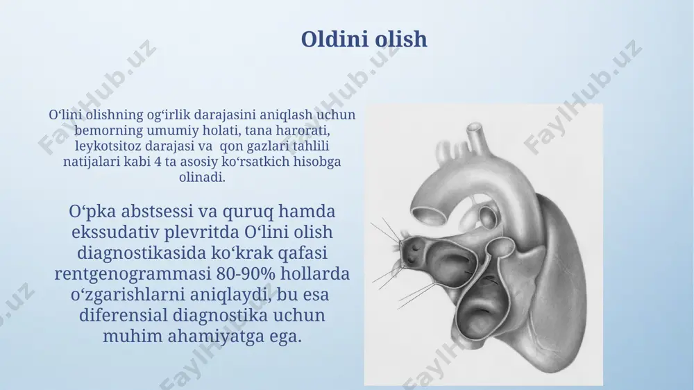 o'liq tuzalish ehtimoli 70-80% ni tashkil etadi, ammo ba'zi hollarda plevral yopishqoqlik yoki boshqa asoratlar rivojlanishi mumkin. o'pka abstsessining prognozi, davolanishning o'z vaqtida boshlanishi va antibiotiklarga sezgirlik darajasiga bog'liq bo'lib, to'liq tiklanish ehtimoli 80-90% ni tashkil etadi, ammo kech tashxis qo'yilgan hollarda o'lim xavfi 20% gacha yetishi mumkin. o'pka abssesining alomatlari o'pka abssesining alomatlari orasida ko'krak qafasida kuchli, doimiy og'riq, haroratning 38°c dan yuqori ko'tarilishi va nafas qisish bilan birga kechuvchi yiringli balg'am ajralishi uchraydi. o'pka abssesining klinik ko'rinishi quruq yo'tal bilan boshlanib, keyinchalik yiringli balg'am bilan birga kechuvchi nam yo'talga o'tishi, shuningdek, nafas olish qiyinlashuvi va taxminan 15-20% hollarda qo'shimcha bakterial infeksiyalarni keltirib chiqarishi mumkin. davolash usullari (ekssudativ plevrit) ekssudativ plevritni davolashda torakotsentez yordamida 500 ml gacha suyuqlikni evakuatsiya qilish, bakterial infektsiyani yo'q qilish uchun antibiotiklarni 10-14 kun davomida qo'llash samarali hisoblanadi. plevral bo'shliqdagi yuqori bosimni pasaytirish uchun, plevrodez jarrohlik amaliyoti yoki kislorodli terapiya (fio2 50% dan yuqori) bilan …