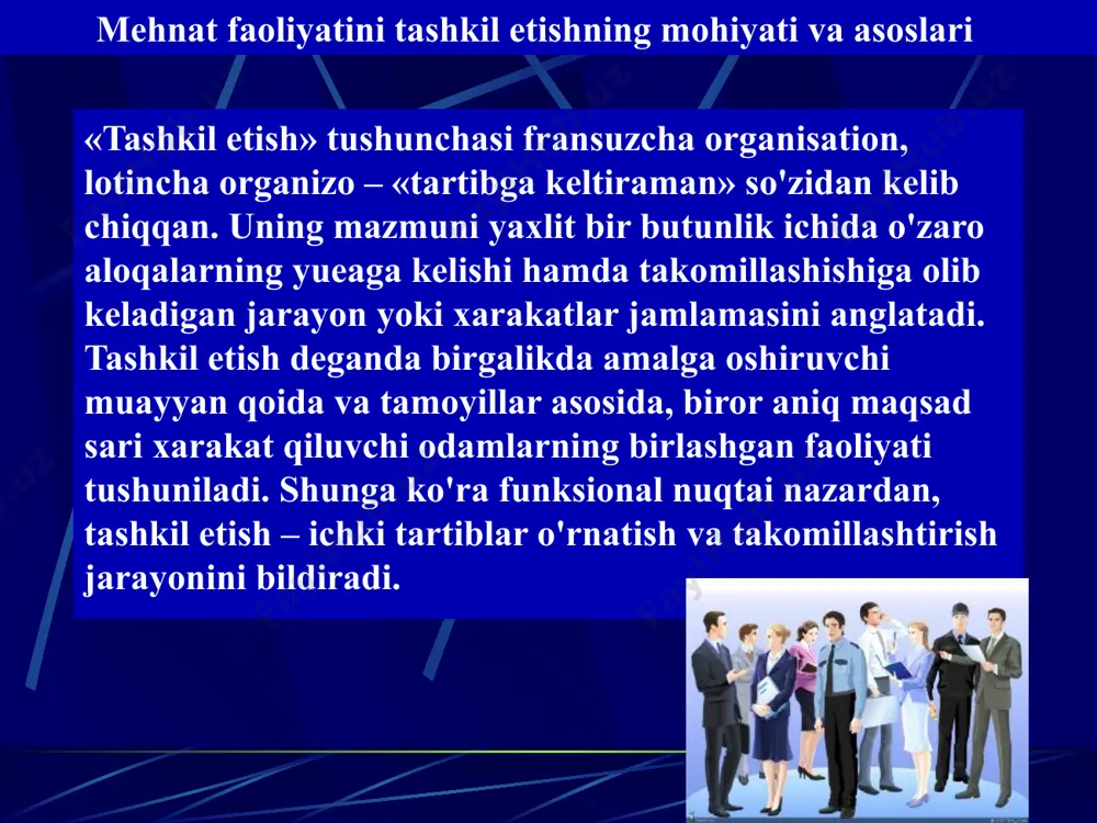 ksiyasi deb tushuniladi. mehnat taqsimoti va kooperatsiyasi mehnat taqsimotining asosiy ustunliklaridan biri shundaki, bunda ishchi ishning ma'lum bir turida chuqur ixtisos topadi, shu ishning bajarilish texnikasi va tartibini puxta egallab oladi, zarur ko'nikmalarni kasb etadi, ish usul va uslublarini yanada takomillashtiradi. bunda maxsus asbob va uskunalar ishlatiladi. bundan tashqari mehnat taqsimotida xodimlarni ish jarayoniga tayyorlash ham osonroq bo'ladi. ishlab chiqarishda mehnat taqsimotining uchta turi mavjud: umumiy mehnat taqsimoti, xususiy mehnat taqsimoti, qisman (ayrim) mehnat taqsimoti. ish o'rinlarini tashkil etish, rejalashtirish va xizmat ko'rsatish mehnat taqsimoti va kooperatsiyasining har qanday shakllarida ijrochilar samarali, yuqori unum bilan ishlashining zarur sharti ish o'rinlarini tashkil etish va ularga xizmat ko'rsatishdir. ish o'rni har qanday ishlab chiqarish va mehnat jarayonining birinchi bo'g'ini bo'lib, aynan unda ishlab chiqarish jarayoni uchta elementining hammasi: mehnat ashyolari, mehnat vositalari va ishchi kuchi, ya'ni ijrochi xodimning jonli mehnati yaxlitlashadi, yangi iste'mol qiymatlari, mehnat mahsulotlari yaratiladi. shuning uchun ham ish o'rinlarini …