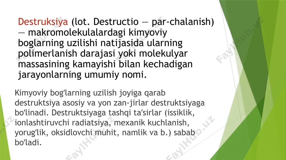 lari. polimerlar faqat oksidlovchilar, kislotalar, ishqorlar ta‘sirida emas, balki turli fizikaviy omillar ta‘sirida ham parchalanishi mumkin. asosan yorug’lik, radiatsiya, mexanik, issiqlik va ultratovush kabi fizikaviy omillar polimerlarni parchalanishiga sabab bo’ladi. ko’p hollarda polimerlarning olinishi, qayta ishlanishi va ulardan foydalanish jarayonlarida destruktsiya boradi. umuman aytganda fizikaviy destruktsiya ― ko’ngilsiz hodisa, chunki buning oqibatida polimerlarning dastlabki fizika – mexanikaviy xossalari yomonlashib, polimer polimer buyumlarning tezda ishdan chiqishi va eskirishiga olib keladi. biologik destruktsiya. yuqori molekulyar birikmalarni turli xil mikroorganizmlar (masalan junni kuya, o’simliklarni qurtlar, hashoratlar) ta’sirida emirilishi. atrofimizdagi ko’plab chiqindilar biologik destruksiya tufayli parchalanib ketadi. aks holda chiqindilar ekalogiyaga salbiy ta’sir ko’rsatgan bo’lur edi. mavzu: tabiiy va sintetik polimerlar asosida qishloq xo'jaligi uchun muhim yangi preparatlar ishlab chiqarish reja: 1.tabiiy polimerlar haqida tushuncha. 2.sintetik polimerlar haqida tushuncha. 3.qishloq xo’jaligida polimerlarning ishlatilishi. plastmassalar, plastik massalar, plastiklar — tabiiy yoki sintetik yuqori molekulali birikmalar asosida olinadigan materiallar. issiqlik yoki bosim taʼsirida qoliplanadi va qoliplangan …