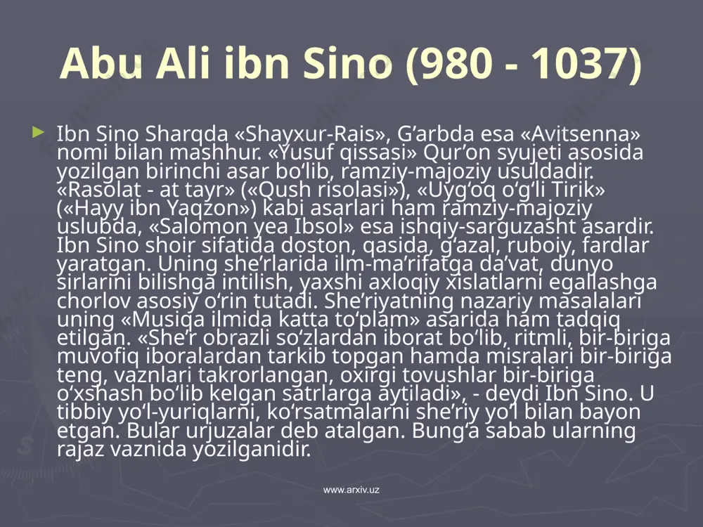 arxiv.uz asarlari: «qadimgi xalqlardan qolgan yodgorliklar» (taqvim va yil hisobi, shuningdek, sug‘diylar, qadimgi xorazmliklar, forslar, yunonlar, yaxudiylar, xristianlar va musulmonlarning bayramlari, urf-odatlari to‘g‘risida ma’lumot beruvchi asar), «geodeziya», «quyosh harakatini aniqlash yo‘li», «mineralogiya», «saydana», «hindiston» va boshq. www.arxiv.uz ahmad al-farg'oniy (797 - 867) allomaning ijodiy faoliyati bag‘dod bilan, al-xorazmiy rahbarligida faoliyat ko‘rsatgan «baytul hikma» bilan bog‘liq. farg‘oniy bag‘dod va damashqtsagi rasadxonalar qurilishiga qatnashgan, ptolomey «yudduzlar jadvali» dagi ma’lumotlarni tekshirgan, 812 yilda quyosh tutilishini oldindan bashorat qilgan, yerning dumaloq ekanligini ochgan, misrda nil daryosi suvini o‘lchaydigan asbob yasagan, falakiyot ilmiga munosib hissa qo‘shgan. yevropaliklar allomani «al fraganus» deb atashgan. uning 7 ta asari saqlanib qolgan. 1998 yilda farg‘oniyning 1200 yilligi xalqaro miqyosda nishonlandi. kuva shahrida unga haykal o‘rnatildi va istirohat bog‘i barpo etildi. www.arxiv.uz asarlari: «samoviy harakatlar va umumiy ilmi nujum kitobi» («astronomiya asoslari»), «falakiyot ilmining usullari haqida kitob», «usturlob yasash haqida kitob», «yetti iqlim hisobi’’ boshq. www.arxiv.uz muhammad al-xorazmiy (780 - …