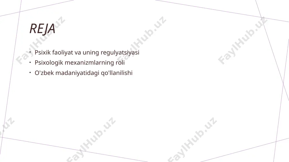m beradi. 04 madaniy o'ziga xoslik o'zbek madaniyatida psixik faoliyatni boshqarish, milliy qadriyatlar va an'analar orqali amalga oshiriladi, bu esa psixologik barqarorlikni ta'minlaydi. psixologik mexanizmlarning asosiy turlari va ularning roli. 1 psixologik mexanizmlar psixologik mexanizmlar insonning fikrlash, his-tuyg'u va xulq-atvorini boshqaruvchi jarayonlardir. ular mantiqiy va emotsional funksiyalarni muvofiqlashtiradi. 2 kognitiv mexanizmlar kognitiv mexanizmlar xotira, e'tibor va fikrlash jarayonlarini o'z ichiga oladi. ular odamning muammolarni hal qilishidagi samaradorligini belgilaydi. 3 emotsional mexanizmlar emotsional mexanizmlar his-tuyg'ularni boshqarish va ifodalashni ta'minlaydi. ular insonning ruhiy holati va ijtimoiy munosabatlariga ta'sir ko'rsatadi. 4 ijtimoiy mexanizmlar ijtimoiy mexanizmlar insonning guruh ichida xulq-atvorini shakllantiradi. ular madaniyat va an'analar bilan bog'liq bo'lib, ijtimoiy moslashuvni ta'minlaydi. psixologik mexanizmlar: individual va ijtimoiy xulq-atvorni boshqarish. psixologik mexanizmlar, individual va ijtimoiy xulq-atvorni boshqarishda muhim rol o'ynaydi. ushbu mexanizmlar orqali insonlarning fikrlash jarayonlari va xulq-atvorlari boshqariladi. masalan: - kognitiv qobiliyatlar, - emotsional javoblar, - ijtimoiy ta'sirlar. photo by bornil amin on unsplash o'zbek …
