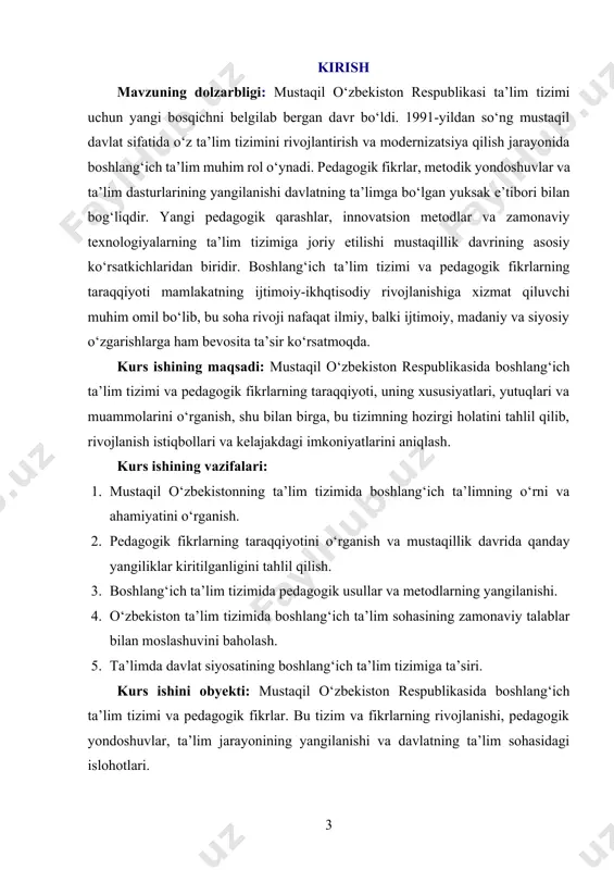 , xulosalar, foydalanilgan adabiyotlar ro‘yhatidan tashkil topgan. i bob. mustaqil o‘zbekiston respublikasining boshlang‘ich ta’lim tizimining tarixi va rivojlanishi. 1.1. boshlang‘ich ta’lim tizimining shakllanishi. boshlang‘ich ta’lim tizimi – har bir davlatning ta’lim sohasidagi eng muhim bosqichlardan biri bo‘lib, u bola hayotidagi ilk ta’lim tajribasini tashkil etadi. bu tizim nafaqat akademik bilimlarni berish, balki bolaning shaxsiy rivojlanishi va ijtimoiy moslashuvini ta’minlashda muhim ahamiyatga ega. boshlang‘ich ta’lim tizimi shakllanishining tarixiy ildizlari uzoq o‘tmishga borib taqaladi. ko‘plab mamlakatlarda, ayniqsa, 19-20 asrlar o‘rtalarida, boshlang‘ich ta’lim tizimi shakllanish jarayoni bir necha omillar ta’siri ostida rivojlangan. boshida, ta’lim faqatgina yuqori tabaqalarga tegishli bo‘lgan, o‘rta va past tabaqa vakillari uchun esa ta’lim imkoniyatlari juda cheklangan edi. bu holat, ayniqsa, agrar jamiyatlarda aniq sezilar edi. ammo sanoat inqilobi va ijtimoiy rivojlanish natijasida, ta’limni ommaviylashtirish va keng qatlamlarga yetkazish zarurati yuzaga keldi. shuning uchun, boshlang‘ich ta’lim tizimining shakllanishi, jamiyatning taraqqiyotiga va inson huquqlari masalalariga ham katta ta’sir ko‘rsatdi. 19-asrning oxirlariga …