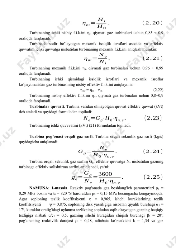 sin. yechish: soplodan oqib o’tayotgan bug’ning haqiqiy tezligini (m/s) (2.2) formuladan aniqlaymiz: kuraklar oralig’idagi aylanma tezlikni u/c1 = 0,5 nisbatdan topamiz: u = 0,5c1 = 0,5431 = 215,5 m/s. ishchi kurak kanallariga kirishdagi gazning nisbiy tezligini (2.5) formuladan aniqlaymiz: pog‘ona ishchi kurak kanallari orasidan chiqishdagi gazning nisbiy tezligi (2.7) formuladan quyidagicha aniqlaymiz: ishchi kurak kanallari oralig‘idan chiqayotgan gazning absolyut tezligi (2.8) formuladan: gazning ishchi kuragiga kirish burchagi quyidagi (2.9) tenglamadan aniqlanadi: gazning ishchi kurak kanallari oralig‘idan absolyut tezlik bilan chiqishdagi qiyalik burchagi esa (2.10) tenglamadan topiladi: ushbu hisob asosida qurilgan tezliklar uchburchagi 2.1 – rasmda tasvirlangan. mustaqil ishlash uchun masalalar 1-masala. reaktiv pog'onada gaz boshlang'ich parametrlari p0 = 0,48 mpa bosim va t0 = 800 ºs haroratdan p2 = 0,26 mpa bosimgacha kengaymoqda. agar turbina soplosining tezlik koeffitsiyenti φ = 0,96, ishchi kuraklarining tezlik koeffitsiyenti ψ = 0,95, soploning disk yassiligiga nisbatan qiyalik burchagi α1 = 22º, gazning ishchi kuragidan …