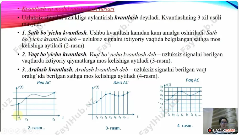 arga misol sifatida qadamli va elektrogidravlik dvigatellarda qo’llaniladigan raqamli yuritmaga ega bo’lgan tizimni keltirish mumkin. 7.5 – rasm. raqamli yuritmaga ega bo’lgan diskret tizimning strukturali sxemasi: dkq – diskret korreksiyalovchi qurilma; dyu – diskret yuritma; mm – mashina mexanizmi; xd – holat datchigi (raqamli); xq – hisoblovchi qurilma. bunday tizimlarning afzalligi shundan iboratki, boshqarish signallarini kodlardan chiqarish zarurati qolmaydi. agar tizimda oddiy yuritma bo’lsa, diskret tizim quyidagicha ko’rinish oladi: 7.6- rasm. analog tizimli diskret tizimning strukturaviy sxemasi: kko’ – “kuchlanish – kod” o’zgartiruvchsi; kq – korrektlovchi qurilma (analog); ayu – analogli yuritma; xdk – holat datchigining kodlovchisi. zamonaviy tizimlarning teskari aloqa zanjirida impuls datchiklaridan keng foydalaniladi. ular mashina mexanizmining holatiga qarab impulslar ketma-ketligini shakllantiradi. agar bunday tizimlarning parametrlarini korreksiyalash uchun hisoblash vositalaridan foydalanilsa, bunday ketma-ketlik kodga aylantiriladi. impuls yuritmali diskret 7.7 – rasmda keltirilgan. uning o’ziga xos xususiyati idm va tkg dan iborat ie bo’lib, u uzluksiz signalni ishorasi o’zgaruvchan …