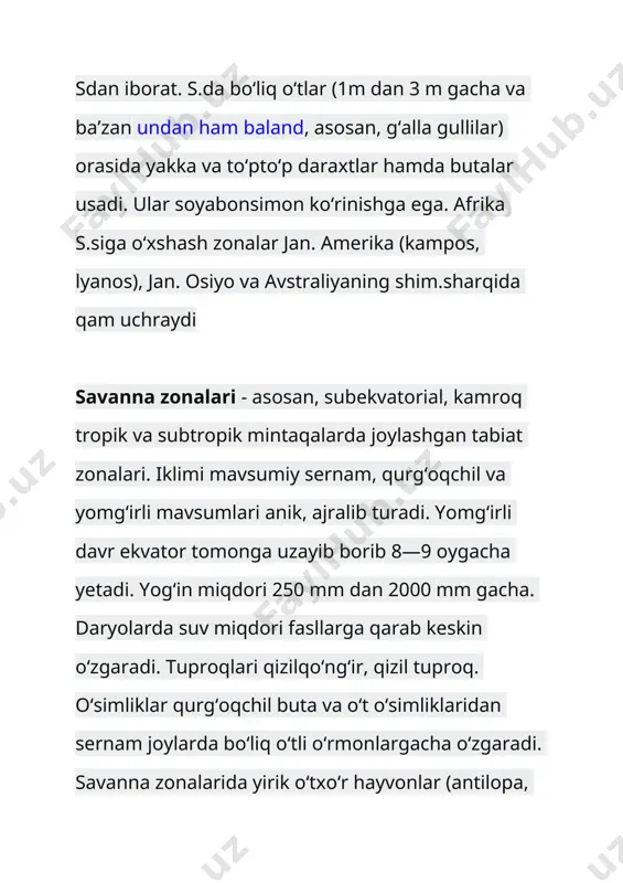 arishi ho'l davrda pasayish va ekvatordan bo'lgan masofa uzoq va uzoqroq bo'lishiga olib keladigan qurg'oq mavsumining paydo bo'lishi natijasida yuzaga keladi. shimoliy keniyaning shimoli-g'arbiy sohilidagi savannah zonasi sayyoramizning eng katta o'simlik jamiyati bo'lib, kamida 800 ming km 2. agar yana 250 ming km2 gvineya-sudan savannasini qo'shsak, yer yuzining bir million kvadrat kilometrdan ortiq qismini maxsus tabiiy kompleks - afrika savannah egallab turibdisavannasning ajralib turadigan xususiyati quruq va ho'l mavsumlarning o'zgarishi bo'lib, ular bir-birini almashtirib, olti oy davom etadi. haqiqatan ham, savannalar joylashgan subtropik va tropik kengliklarda ikki xil havo massasining o'zgarishi - nam ekvatorli va quruq tropik. mavsumiy yomg'irni olib keladigan musson shamollari savanna iqlimiga sezilarli ta'sir ko'rsatadi. ushbu peyzajlar ekvatorial o'rmonlarning juda nam joylari va quruq cho'l hududlari o'rtasida joylashganligi sababli ular har doim ham ta'sir ko'rsatadi. biroq, namliklar ko'p saviyali o'rmonlar o'sib borishi uchun savannalarda etarli emas va 2-3 oy ichida quruq "qish davri" savanani qattiq cho'lga aylantirmaydi. …