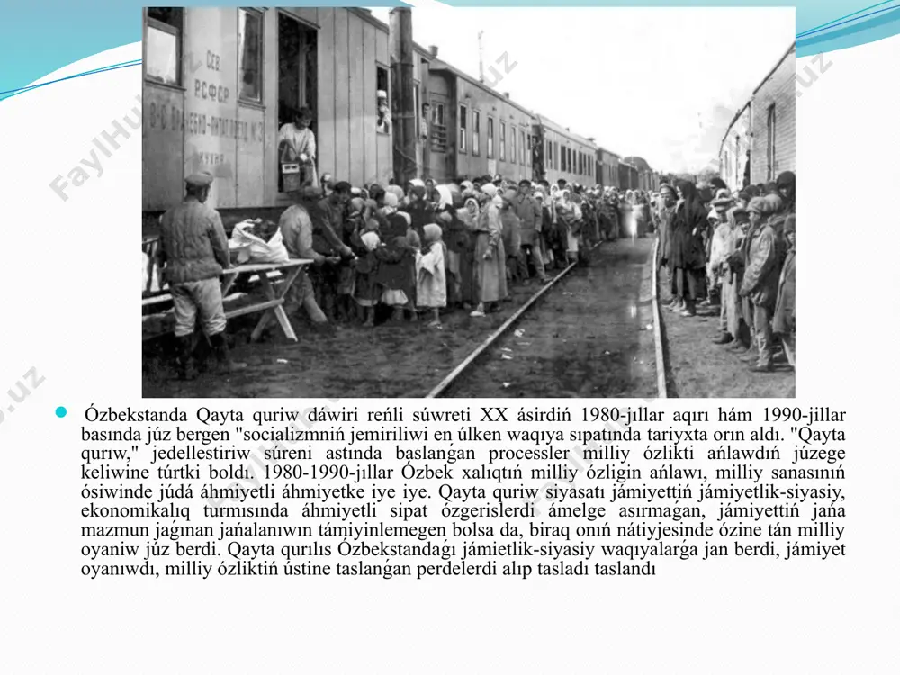 deniyat hám kórkem óner - belgili bir xalıqtıń tabısı, sebebi olar usı xalıqtıń milliy xarakterin, oǵan tán bolǵan qádiriyatlardı ózinde jámleydi jámleydi. biraq, hátte bunday túsinikler de rawajlanıw procesinde til rawajlanıwındaǵı sıyaqlı turaqlı túrde bir nárseni arttırıp biraq máńgi qotıp qalmaydı, al kúndelikli waqıt aģımında úzliksiz ózgerip baradı. bul dáwirdiń eń áhmiyetli sociallıq processleri - ashıq-aydınlıq hám demokratiyalıq processler mustabid dúzim dáwirinde, jıllar dawamında toplanıp qáliplesken sociallıq-ekonomikalıq, siyasiy hám mádeniy tarawdaǵı mashqalalardı júzege keltirdi. qayta quriw bul dáwir kórkem ónerinde kórkem obrazdıń turmıs haqıyqatına sáykes keliwi hám jámiyet ruwxına, sanasına, kóz aldına tereń kirip barıwdı talap etti. 1980-jillar reńli súwreti dáwir talabı, ideyalıq baǵdarı hám dóretiwshiniń jeke kózqarası hám professionallıq sheberligi tiykarında islenip, ózine tán tákirarlanbaytuǵın tartımlılıqqa ie bolıp bardı. ózbekstanda qayta quriw dáwiri reńli súwreti xx ásirdiń 1980-jıllar aqırı hám 1990-jılları jıllardıń basında júz bergen "socializmniń jemiriliwi en úlken waqıya sıpatında tariyxta orın aldı. "qayta qurıw," jedellestiriw súreni astında …