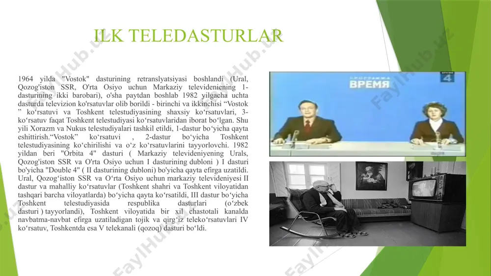 uqori aniqlikdagi 4k telekanali – lux.tv ishga tushdi. davlat telekanallari oʻzbekiston milliy teleradiokompaniyasi tarkibiga kiradi. hududiy davlat telekanallari ma'lum bir viloyat (viloyat) hududida efirga uzatiladi. ularning mavzusi universaldir. toshkent shahri va toshkent viloyatida efirga uzatiladigan hududiy “toshkent” telekanali kabel televideniyesi orqali boshqa viloyatlar aholisiga ham foydalanishi mumkin. hozirda o‘zbekistonda eng keng tarqalgan pullik televidenie operatori mmds orqali analog formatda efirga uzatiladigan kamalak tv vorisi bo‘lgan uzdigital tv ( dvb-t va dvb-t2 standartlarida ko‘rsatuvlar) hisoblanadi. shuningdek, istv, turon telekom, gals telecom, sonet kabi boshqa operatorlar, mintaqaviy kabel televideniesi studiyalari va boshqalar mavjud. 7 radio va televideniyasi o‘zbekiston mdh davlatlari orasida birinchilardan bo‘lib raqamli televideniyeni joriy qilishni boshladi. mamlakatda raqamli teleeshittirishni joriy etish bo‘yicha ishlar 2007 yilda boshlangan. toshkent va buxoroda yer usti raqamli teleeshittirishlar bo‘yicha tajriba zonalari tashkil etilishi bilan bosqichma-bosqich radioeshittirishning yangi turiga o'tish. prezidentimiz islom karimovning 2012-yil 17-aprelda qabul qilingan “o‘zbekiston respublikasida raqamli televideniyega texnik va texnologik o‘tish davlat …