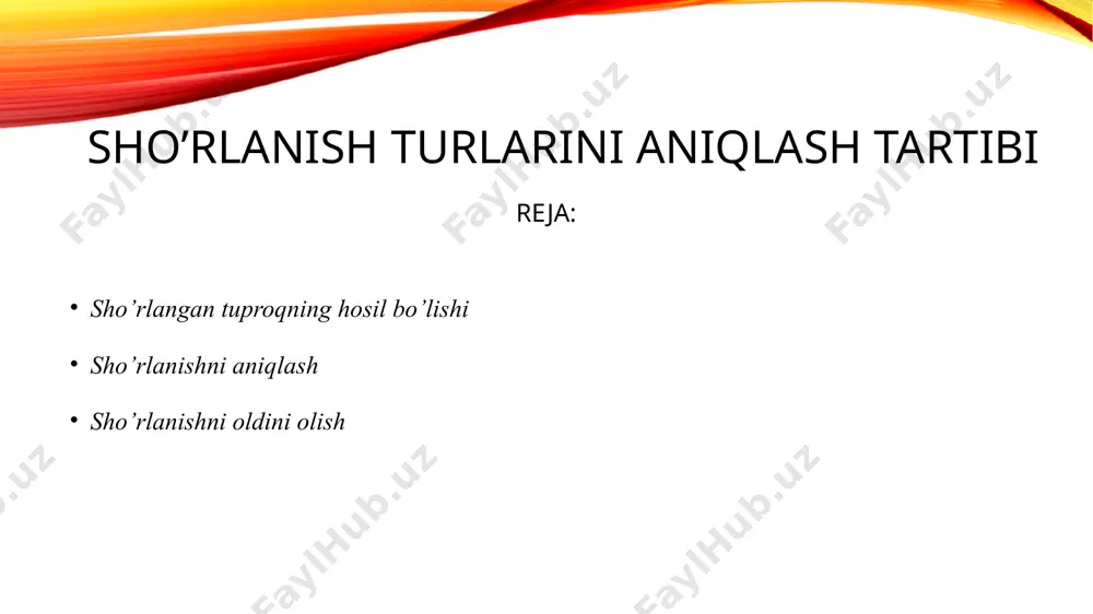 nish darajasini pasayishiga imkon bermaydigan darajani aniqlashni anglatadi. umuman olganda, sho'rlanish muammolari ko'proq qurg'oqchil va yarim qurg'oqchil ishlov berilgan joylarda uchraydi. ushbu hududlarda mahsulotga etkazib beriladigan sug'orish suvi miqdori va sug'orish suvining sho'rlanish darajasi tegishli boshqaruv usullari bilan tartibga solinishi kerak. ekin maydonlarida sho'rlanish muammolarining paydo bo'lishi odatda quyidagi turli xil sharoitlar tufayli namoyon bo'ladi: sho'r sug'orish, drenaj suvining xususiyatlari, tuproq sho'r va natriyga boy, er osti suvlari sho'r, tuproqning dengiz suvi bilan o'zaro ta'siri yoki tuproqning geologik tuzilishi. izlanishlarga ko'ra, er yuzidagi haydaladigan erlarning deyarli 10 foizi va ekin maydonlarining 60 foizi sho'rlanish yoki natriy ta'sirida. shu jihatdan amalga oshirilgan sho'rlanish tadqiqotlari katta ahamiyatga ega. tuproq tarkibidagi chirindi va tuz miqdori quyidagi formula yordamida hisoblanadi: m= 100*h*d*w bunda: m - chirindi yoki tuz zahirasi, t/ga; m - tuproq og’irligiga nisbatan chirindi,tuzning % hisobidagi miqdori; w-tuproq og’irligiga nisbatan chirindi, tuzning foiz hisobidagi miqdori. h - tuproq qatlamining qalinligi,sm; d - …