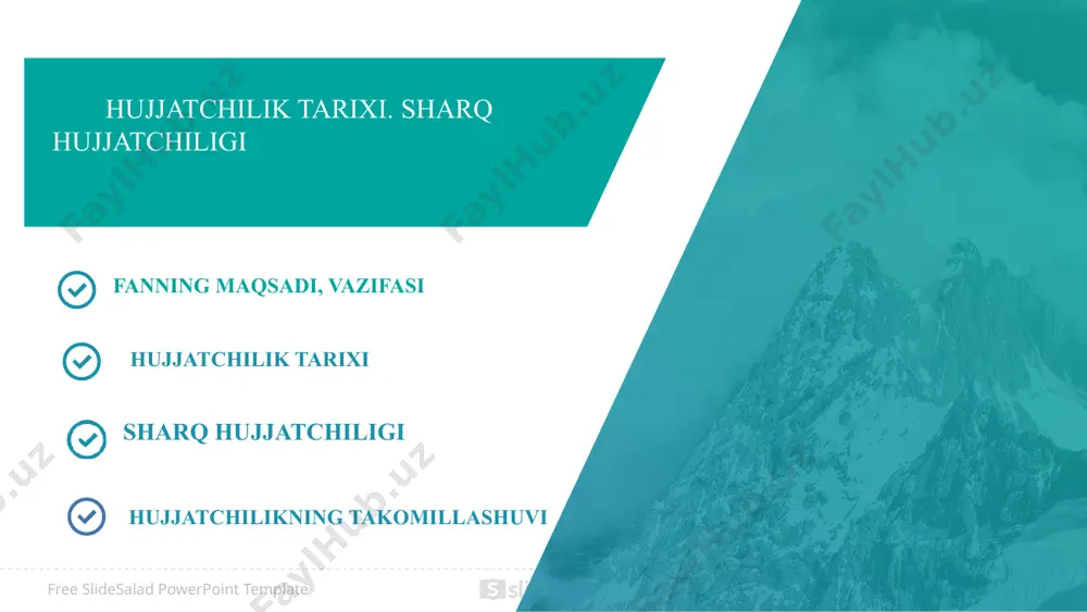 hujjat” arabcha so‘z bo‘lib, qayd qilish, tasdiqlash ma’nosini bildiradi. shuningdek, u ijtimoiy tarixiy ahamiyatga ega bo‘lgan yozuv va suratlar, asar yoki adabiyot ma’nosini ham ifodalaydi. m.qoshg‘ariyning “devonu lug‘otit turk” asarida “bushug‘” so‘zi uchraydi. u elchiga qaytib ketish uchun beriladigan ijozat qog‘ozi, shuningdek, elchilarga beriladigan sovg‘a ma’nolarini bildiradi. yusuf xos hojibning “qutadg‘u bilik” asarida yorliq va noma ma’nosi o‘rnida “bildargulik” so‘zi ishlatilgan. hozirgi kunda faol qo‘llanishga o‘tgan “bildirishnoma”, “bildirish”, “bildirgi” shu so‘zdan olingan. sho‘rolar davrida bu so‘z “raport” deb yuritilardi. copyright (c) slidesalad.com all rights reserved. free slidesalad powerpoint template 6 tarixda bobil shohi hammurapining va shoh ur-nammuning qonunlar majmui eng qadimgi va nodir hujjatlar namunasi sifatida mashhurdir. hammurapining buyrug‘i bilan tayyorlangan qonunlar majmuasi mavjudligi haqida amerikalik sharqshunos edvard kira asarida ma’lumot beradi. qonun majmuasi 247 moddadan iborat bo‘lib, u basalt ustuniga qadimgi mixxat bilan yozilgan. qonunda yerga egalik, savdo-sotiq, iqtisodiy-ijtimoiy munosabatlar aks etgan. bobil hozirgi iroqning janubiga to‘g‘ri keladi. copyright …