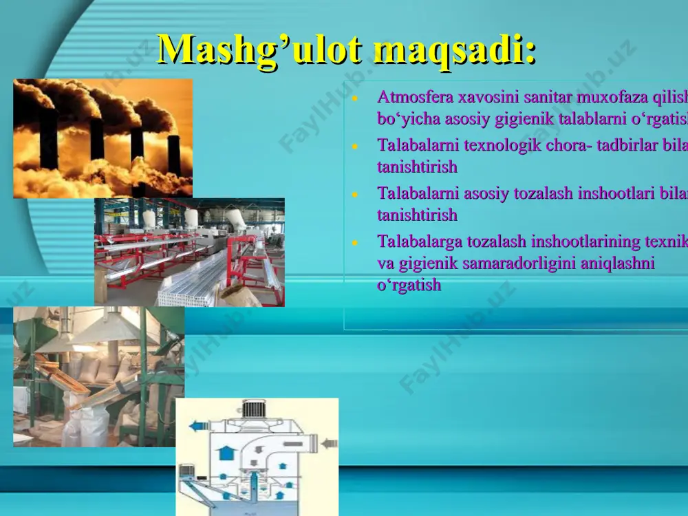 igan adabiyotlar qo’shimcha adabiyotlar - ma'ruza matnlari - san pin № 0243- 07 sanitarno'e pravila i normo' ustroystva aptek i ix filialov po realizatsii gotovo'x lekarstvenno'x sredstv i izdeliy meditsinskogo naznacheniya - sani pin № 0231- 07 sanitarno'e normo' i pravila proektirovaniya, stroitelstva i ekspluatatsii lechebno- profilakticheski uchrejdeniy - san pin ruz № 0149- 04 sanitarno'e pravila i normo' sbora, xraneniya i udaleniya otxodov lechebno- profilakticheskix uchrejdeniy - san pin № 0136- 03 sanitarno'e normo' osnoheniya myagkim inventarem bolnits, dispanserov, rodilno'x domov, mediko- sanitarno'x chvstey, poliklinik, ambulatoriy, selskix i gorodskix vrachebno'x punktov - kmk «shaxarsozlik» - qmq “suv ta'minoti” davst 950-2011 “ichimlik suvi” * davst 951-2000 “markazlashtirilgan suv ta’minoti manbaalarini tanlash qoidlari” * sanpin №0172-04 “oxrana poverxnostnix vod ot zagryazneniya *sanpin № 0211-06 “gigiyenicheskiye kriterii kachestva pityevoy vodi” *sanpin № 0170-04 “gigiyenicheskaya ocenka reagentov ispolzuyemix v sistemax vodopodgotovki v specificheskix usloviyax ruz” davomi internet saytlari o'z.res.ssv veb-sayt www.minzdrav.uz tta sayti …