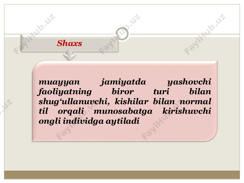 cha, ontogenezdagi individual taraqqiyot filogenezning muhim bosqichlarini takrorlaydi biogenetik konsepsiyaning boshqa bir turi nemis “konstitusion psixologiyasi” (inson tana tuzilishiga asoslangan nazariya) asoschilaridan e.krechmer shaxs tipologiyasi negizida bir qancha biologik omillarni (masalan tana tuzilishining tipi va boshqalarni) kiritib, insonning jismoniy tipi bilan psixologik xususiyati o‘rtasida uzviy bog‘liqlik mavjud deb taxmin qiladi. e.krechmer odamlarni ikkita katta guruhga ajratadi va uning bir boshida sikloid toifasiga xos (tez qo‘zg‘aluvchi, his-tuyg‘usi o‘ta barqaror), ikkinchi uchida shizoid toifasiga (odamovi, munosabatga qiyin kirishuvchi, his- tuyg‘usi cheklangan) xos odamlar turishini aytadi zigmund freyd shaxsning barcha xatti- harakatlari (xulqi) ongsiz biologik mayllar yoki instinktlarga bog‘liqdir sotsiogenetik yondashuv • shaxsda ro`y beradigan o`zgarishlar jamiyatning tuzilishi ijtimoiylashish usullari va uni qurshab turgan odamlar bilan o`zaro munosabati vositalaridan kelib chiqqan holda tushintiriladi. ijtimoiylashuv nazariyasiga ko‘ra inson biologik tur sifatida tug‘ilib, hayotning ijtimoiy shart-sharoitlarining bevosita ta’siri ostida shaxsga aylanadi rollar nazariyasiga ko‘ra jamiyat o‘zining har bir a’zosiga status (haq- huquq) deb nomlangan xatti-harakat …