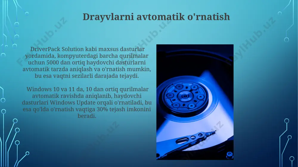 olgan haydovchilarni o'rnatish kompyuteringizni 60% ga viruslarga moyil qiladi va shaxsiy ma'lumotlaringizni o'g'irlash xavfini oshiradi. ishlab chiqaruvchining veb-saytidan drayvlarni yuklab olish drayverlarni yuklab olishdan avval, fayl hajmini va versiya raqamini tekshirib, uning xavfsizligiga ishonch hosil qiling. viruslarga qarshi tekshirishni ham tavsiya etamiz. ba'zi ishlab chiqaruvchilar avtomatik drayver o'rnatish vositalarini taklif qiladilar; bunday vositalar sizning tizimingizdagi 30 dan ortiq qurilmangiz uchun kerakli drayverlarni topishda yordam beradi. e'tiboringiz uchun rahmat @taqdimot_robot image3.jpg image4.jpg image5.jpg image6.jpg image7.jpg image8.jpg image9.jpg image10.jpg image11.jpg image12.jpg image13.jpg image14.jpg image15.jpg image16.jpg image2.png