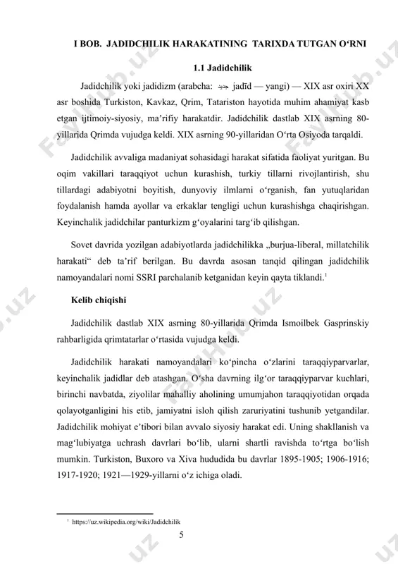 n kurash olib bordi. uning gʻayrat va tashabbusi bilan dunyo yuzini koʻrgan “turkiston muxtoriyati” bu yoʻldagi amaliy harakatlarning dastlabki natijasi edi. buxoro amirligi va xiva xonligida jadidchilik harakati turkistondagi kabi x1x asr oxiri xx asr boshlarida shakllangan boʻlsa ham, bu xududlardagi tarixiy sharoit undagi jadidchilik harakatiga xam oʻziga xos xususiyatlar baxsh etdi. buxoro va xiva jadidlari ham maorifni isloh etishni, amir va xon xukmronligini cheklash, mavjud tuzum sharoitida islohotlar oʻtkazib, jamiyat taraqqiyoti va milliy mustaqillikni qoʻlga kiritishni maqsad qilib qoʻygan edilar. jadidlarning xalq maʻrifati uchun kurash dasturi uch asosiy yoʻnalishda koʻrinadi.1. yangi usul maktablarini ochish, koʻpaytirish orqali. 2. turli maʻrifiy jamiyatlar ochish orqali. 3. umidli iqtidorli yoshlarni chet elga oʻqishga yuborish orqali. bogʻchasaroyda dastlabki jadid maktabini ochgan ismoil gaspirinskiy turkiston general-gubernatori n.o.rozenbaxga oʻlka musulmon maktablarini ham isloh qilishga doir loyihasini yuboradi. rad javobini olgach, 1893-yil turkistonga oʻzi keladi, buxoro, samarqand, toshkentda boʻlib, taraqqiyparvar ziyolilar bilan uchrashuvlar oʻtkazadi. buxoroda amir abdulaxadni …
