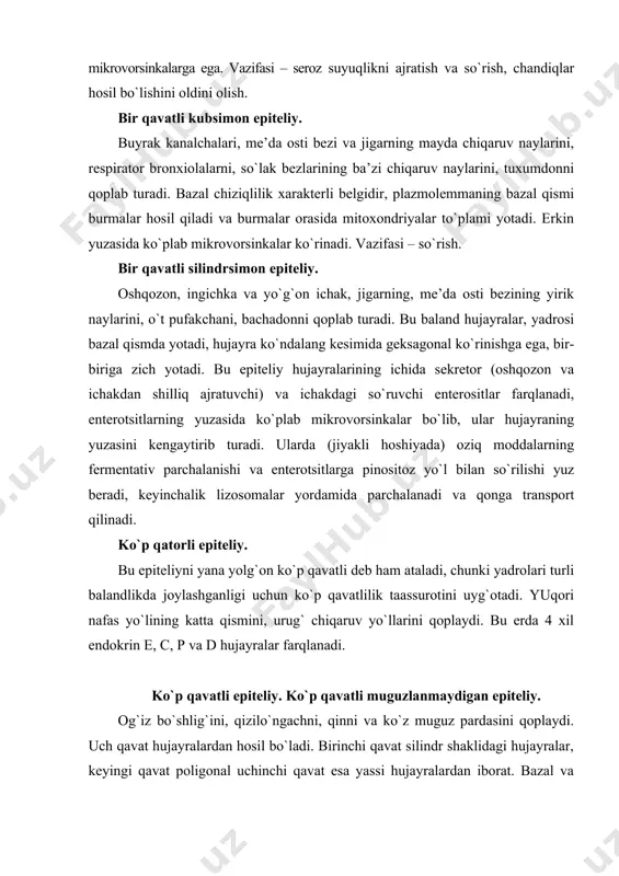 anaksimon qavatda ko`payish yuz beradi, ko`plab mitoz shakllar kuzatiladi. bu erda juda ko`p erkin nerv oxirlari bor. ko`p qavatli muguzlanuvchi epiteliy. teri qoplamasi – tashqi tomonini hosil qiladi, tez yangilanib turiladi, kaft va tovonda (qalin teri) besh qavat, qolgan sohalarda esa 4 qavat hujayralardan iborat. keratin qavati hisobiga kuchli mexanik ta’sirlarga yahshi qarshilik ko`rsatadi. eng ichki bazal qavatda bo`linayotgan hujayralar ko`rinadi. keyingi bir necha qator hujayralar tikanaksimon qavatni hosil qiladi. bu erda hujayralar bir-biridan atin hisobiga ajralib turadi, lekin ma’lum sohalardagi hujayralar desmosomalar bilan bog`langan, fiksatsiyada bir-biridan ajralib ketmaydi, shuning uchun butun plast ma’lum bir ko`rinishda nomayon bo`ladi. bazal va tikanaksimon qavatlarda melanotsitlar, dendrotsitlar, langergans hujayralar va limfotsitlar uchraydi. keyingi qavat donador qavat bo`lib, bu qavat hujayralarida keratoglialin donachalari alohida ajralib turadi. yaltiroq qavat yassi hujayralardan hosil bo`ladi, bu qavat eleidin hisobiga kuchli nur sindirish xususiyatiga ega. eleidin – keratoglialinning tonofibrillari bilan hosil qilgan kompleksidir. eng yuqori qavat muguz qavat …