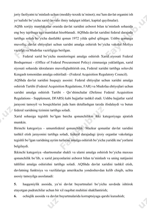 tashkil etish va boshqarishning aqsh tajribasi davlat xaridini boshqarishning xorijiy tajribasi, xususan, aqsh, avstraliya, evropa ittifoqi va boshqa rivojlanayotgan davlatlar amaliyotini o’rganish hamda ularning ijobiy tajribalarini mamlakatimiz davlat xaridi tizimini boshqarishning samarali mexanizmalarini joriy etishda qo’llash muhim ahamiyat kasb etadi. davlat xaridini tashkil etishda aqsh tajribasini, ushbu mamlakatda davlat xaridini davlat moliyasi tarkibidagi o’rnini tahlilidan boshlaymiz. aqsh hukumati mudofaani ta’minlashga, ta’limga, shifoxonlar, yo’l qurilishi va boshqa umumjamiyat ehtiyojlarni moliyaviy ta’minlash uchun davlat xarajatlarni amalga oshiradi. aqshda shtatlar hukumati va mahalliy o’z- o’zini boshqarish organlari tovarlar va xizmatlar sotib olish uchun federal hukumatga nisbatan ham ko’proq xarajatlarni amalga oshiradi. quyidagi 1-jadvalda aqshda davlat xarajatlarining taqsimlanishi aks ettirilgan. jadval ma’lumotlari ikki xil tartibda ajratilgan: birinchidan - xarajatlarni federal va shtatlar hamda o’z-o’zini boshqarish organlari o’rtasida ajratib ko’rsatilgan; ikkinchidan - davlatning umumiy xarajatlari hamda tovarlar va xizmatlar sotib olishga yo’naltirilgan qismi (ya’ni ijtimoiy to’lovlarni ajratgan holda) aks ettirilgan. ijtimoiy to’lovlar (transfertlar) - bu …
