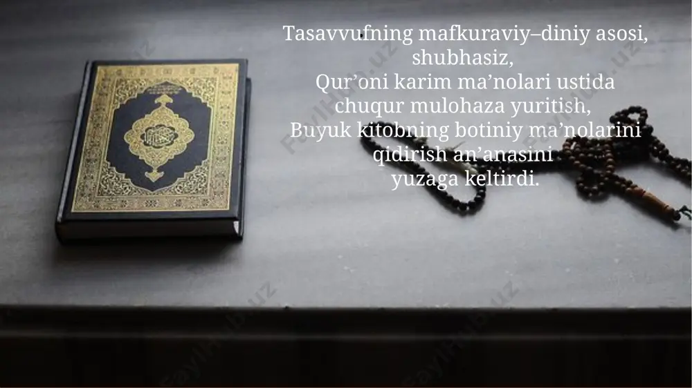 ish. to‘g‘ri yo‘ldan adashmasdan borish uchun kishi o‘z mayllarini so‘ndirishi lozim. shundagina dil kuduratlardan poklanadi, ruh nafs natijasida zanglab qolgan bo‘lsa, jilo topadi. 9. muroqaba (tafakkurga g‘arq bo‘lish) – qalb poklangani va tuban ehtiroslardan xoliligini tuyib, xotirjam bo‘linganini eslab xayolga cho‘mish, haq taolo rahm-shafqatini kutib turish holati. 10. rizo – sufiy endi xudo uni sevib qolganligini, alloh undan rozi, u ham allohdan rozi ekanini sezadi, uning uchun ana shu narsa muhimdir. xiv asrda markaziy osiyoda paydo boʼlgan yana bir yirik tasavvufiy tariqat naqshbandiyadir. uning ikkinchi nomi xojagon yoʼnalishi boʼlib, xoja yusuf al–hamadoniyning mashhur shogirdi xoja аbdulxoliq gʼijduvoniy (vaf. 1179 yoki 1220 y.)ga nisbat berilib shunday nomlangan. keyinchalik bu oqimga xoja bahouddin naqshband (1318–1389) murshidlik qilgan va shu davrdan eʼtiboran naqshbandiya tariqati butun islom olamiga tarqala boshlagan. naqshbandiylik ta’limotining asosida “ko‘ngil xudoda bo‘lsinu qo‘l ish bilan band bo‘lsin”(“dil ba yoru dast ba kor”) shiori yotadi. unga ko‘ra, dilni alloh bilan bog‘lagan …
