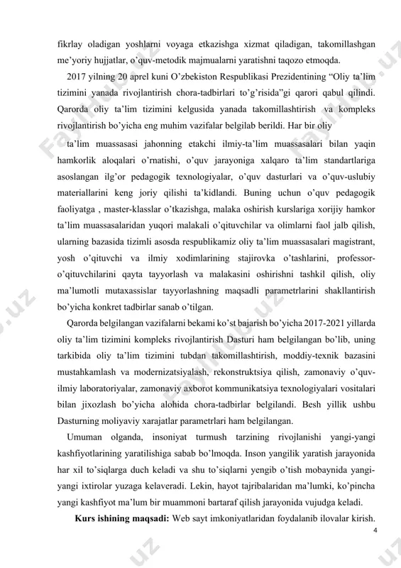 ligini oshirish uchun elektron o’quv qo’llanma yaratish. kurs ishining ob’ekti: ta’lim tizimida “kompyuter grafikasi va vizuallashtirish” fanini o’qitish jarayoni. kurs ishining predmeti: ta’lim tizimida web sayt imkoniyatlaridan foydalanib o’rgatuvchi dasturlar yangilash va ulardan foydalanish. kurs ishining vazifasi: web sayt o’rgatuvchi dasturlarini yangilashning maqsad va vazifalari: · web sayt haqida adabiyotlar to’plash. · ta’lim tizimida informatika va axborot texnologiyalari fanidan materiallar to’plash va tahlil qilish. · web sayt imkoniyatlari bilan tanishish. · web sayt imkoniyatlaridan foydalanib o’rgatuvchi dasturlar yangilashni o’rganish. kurs ishi tuzilishi va hajmi. kurs ishi kirish, ikki bob, har biri 3 ta paragraf, xulosa, foydalanilgan adabiyotlar ro’yxatidan iborat. asosiy qism i bob. web texnologiyalarning asosiy tushunchalari 1.1. web-dizayn tushunchasi. jaxon oʻrgimchak uyasi. web-dizayn tushunchasi. jaxon oʻrgimchak uyasi va web texnologiyalar tushunchalari. web-texnologiyaning html, css, javascript va tushunchalari. web-sayt nima. web-sayt tuzilmasi. web-sayt elementlari. web-saytlarning turlari. giper matn tushunchasi. web-saytlar yaratuvchi dasturlar tasnifi: gipermatnlarni belgilash tillari, web dasturlash tillari, web-muharrirlar …