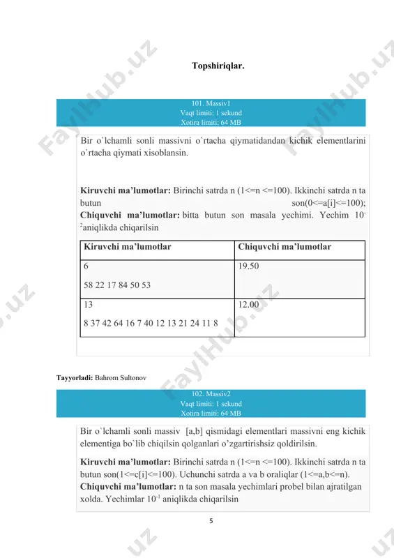 iruvchi ma’lumotlar: birinchi satrda n (1<n <=30). ikkinchi satrda n ta butun son(0<a[i]<=50). chiquvchi ma’lumotlar: masala yechimi 10-2 aniqlikda chiqarilsin. kiruvchi ma’lumotlar chiquvchi ma’lumotlar 2 32 8 4.00 4 38 34 13 48 6.02 tayyorladi: bahrom sultonov 113. massiv13 vaqt limiti: 1 sekund xotira limiti: 64 mb bir o`lchamli sonli massiv manfiy elеmеntlarini o`rtacha qiymati хisоblansin kiruvchi ma’lumotlar: birinchi satrda n (1<n <=100). ikkinchi satrda n ta butun son (-100<=a[i]<=100). chiquvchi ma’lumotlar: masala yechimi 10-2 aniqlikda chiqarilsin. kiruvchi ma’lumotlar chiquvchi ma’lumotlar 9 93 64 -90 74 62 -83 58 15 -37 -70.00 10 63 89 -6 48 77 -19 16 73 -72 34 -32.33 tayyorladi: bahrom sultonov 114. massiv14 vaqt limiti: 1 sekund xotira limiti: 64 mb bir o`lchamli sonli massiv ni 2 ga va 5 ga bo`linadigan elеmеntlarini ko`paytmasini sinusi tоpilsin kiruvchi ma’lumotlar: birinchi satrda n (1<=n <=100). ikkinchi satrda n ta butun son (0<=a[i]<=100). chiquvchi ma’lumotlar: masala yechimi …