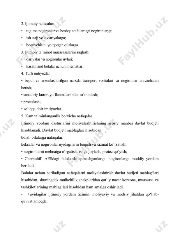 a oshiriladi. · +uyidagilar ijtimoiy yordam tizimini moliyaviy va modsiy jihatdan qo‘llab-quvvatlamoqda: · o‘z fondlari hisobidan o‘z xodimlariga pul to‘layotgan va imtiyozlar berayotgan korxonalar; · jamoat tashkilotlari; kasaba uyushmalari, faxriylar, nogironlar jamiyatlari va boshqalar; ijtimoiy sururta- vaqtinchalik mehnat qobiliyatini yo‘qotganligi sababli, pensiyaga chiqish munosabati bilan, ishsizligi tufayli aholining yo‘qotgan ish haqini ma’lum qismini qoplashdir. ijtimoiy sug‘urta shu maqsadlarga yo‘naltirilgan mablag‘lar hisobidan moliyalashtiriladi. iqtisodiy islohotlarning chuqurlashuvi jarayonida hukumat siyosatining asosiy ko‘rinishlaridan biri- ijtimoiy siyosatdir. buning asosiy sababi shundaki, bozor iqgisodiyoti jamiyatdagi ijtimoiy aloqalarni avtomatik ravishda boshqara olmaydi. zaynuddinovning fikriga ko‘ra ijtimoiy siyosat — bu aholini turmush farovonligini oshirish, yashash va ishlash uchun yetarli sharoitlarni ta’minlaydigan davlat siyosatining asosiy yo‘nalishlaridan biridir. iqtisodchi m. hakimovaning fikriga ko‘ra, davlatning ijtimoiy siyosati- aholining ijtimoiy himoya qilish vazifalarini bajarish maqsadida uning yuqori va barqaror turmush darajasini ta’minlash uchun davlat tomonidan ko‘riladigan tadbirlar yig‘indisi tushuniladi. ijtimoiy siyosat har xil davrlarda o‘ziga xos xususiyatlarga ega bo‘ladi va natijalari …