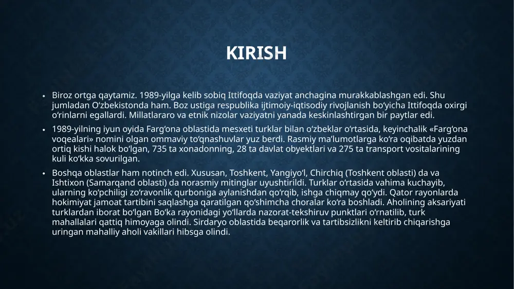 ul qildi. o'zbekiston o'zining erkinlik va mustaqillik sari uzoqni kuzlagan adolatli, qonuniy xarakatni zarracha bo'lsa-da to'xtamasdan davom ettiraverdi. bu sohada erishgan eng katta muvaffaqiyatlardan yana biri - o'zbekiston respublikasi oliy kengashi tomonidan 1990 yil 20 iyunda qabul qilingan «mustaqillik deklaratsiyasi»dir. «mustaqillik deklaratsiyasi»da o'zbekiston respublikasining davlat mustaqilligi e'lon qilingan. ana shu muhim xujjatda, shuningdek, o'zbekiston davlatining o'z xududida barcha tarkibiy qismlarida va barcha tashqi munosabatlarda tanxo xokimligi, davlat xududi chegarasi dahlsizligi va bu xudud xalqning muxokamasiga qo'yilmay turib, o'zgartirilishi mumkin emasligi belgilab qo'yilgan. o'zbekiston davlat mustaqilligiga erishgandan keyin mamlakatda davlatni idora etishning zamonaviy va samarali shakli-prezidentlik shakli tizimi qaror topa boshladi. 1991 yil 18 dekabrda oliy kengashning navbatdagi yiii sessiyasida «o'zbekiston respublikasi prezidenti saylovi tug'risida» qonun qabul qildi. 1991 yil 29 dekabrda mustaqil o'zbekiston respublikasida birinchi marta butun xalqning xoxish-istagini ifoda etgan prezident saylovi bo'lib o'tdi. o'zbekiston respublikasi prezidenti saylovi muqobillik asosida bo'ldi. saylovda 9 million 900 ming 958 kishi qatnashdi. …