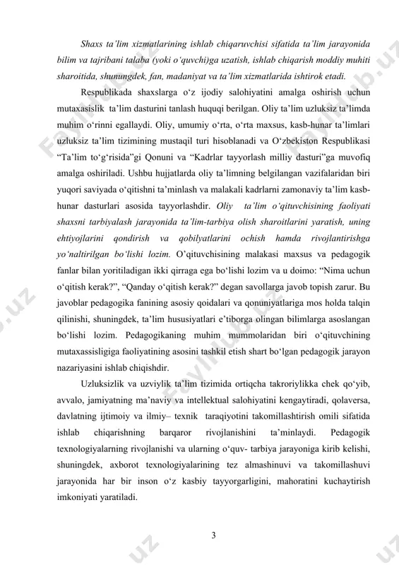 huningdek, axborot texnologiyalarining tez almashinuvi va takomillashuvi jarayonida har bir inson o‘z kasbiy tayyorgarligini, mahoratini kuchaytirish imkoniyati yaratiladi. uzluksiz ta’lim chuqur, har tamonlama asosli ta’lim-tarbiya berish, mutaxasis kadrlar tayyorlashning turli shakl, usul, vosita, uslub va yo‘nalishlarining mukammal uyg‘unligidan iboratdir. uzluksiz ta’lim sifatini turli komponentalar o‘rtasidagi o‘zaro aloqadorlik, muayyan usullar va uslublarning ta’lim jarayonida oqilona tatbiq etilishini ta’minlaydi. qo’llanmada: · bo‘lajak o‘qituvchinig ilg’or pedagogik texnologiyalardan oqilona foydalana olish usullari ko‘rsatib o‘tilgan; · ta’lim tizimida innovatsion texnologiyalar va ishlanmalarning o‘quv jarayonida tutgan o‘rni ochib berilgan; · axborotlashgan ta’lim tizimini shakllantirish, talabalarda mustaqil ta’lim olish ko‘nikma va malakalarini shakllantirish uslublari ko‘rsatib o‘tilgan. qo’llanmada tavsiya qilingan natijalar nazariy va amaliy jihatdan asoslanganligi, yetuk olimlar tomonidan yaratilgan va tavsiya etilgan metodlar kasb hunar kollejlari va umumta’lim o‘qituvchilari uchun qo‘l keladi. qo’llanmadatadqiqot natijalari amaliy ahamiyatga ega bo‘lib, informatika va axborot texnologiyalaridagi o‘quv mashg‘ulotlarda interfaol metodlarni to‘g‘ri tanlab foydalanish o‘tilayotgan mavzuning mazmun-mohiyatini to‘liq ochib berishga hizmat qiladi. …