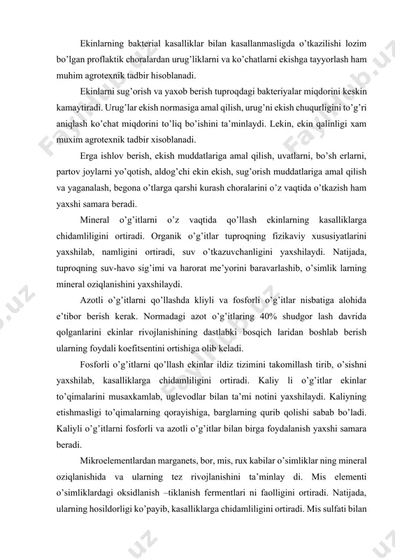 liligini ortiradi. kaliy li o’g’itlar ekinlar to’qimalarini musaxkamlab, uglevodlar bilan ta’mi notini yaxshilaydi. kaliyning etishmasligi to’qimalarning qorayishiga, barglarning qurib qolishi sabab bo’ladi. kaliyli o’g’itlarni fosforli va azotli o’g’itlar bilan birga foydalanish yaxshi samara beradi. mikroelementlardan marganets, bor, mis, rux kabilar o’simliklar ning mineral oziqlanishida va ularning tez rivojlanishini ta’minlay di. mis elementi o’simliklardagi oksidlanish –tiklanish fermentlari ni faolligini ortiradi. natijada, ularning hosildorligi ko’payib, kasalliklarga chidamliligini ortiradi. mis sulfati bilan ishlov berilgan kartoshkaning omborxonalarda saqlash jarayonida chirishi 70% ga kamayib, kraxmalning yo’qolishini 50% ga ortgan, hosili erta etilgan (marchenko, 1958). marganetsli o’g’itlar qand lavlagi, bug’doy, makkajo’xori, sabzavot ekinlarga 0,5-2 s/ga miqdorida marganetsli superfosfat yoki olitngugurt li marganets 45-60 kg/ga tarzida foydalanilganda yuksak samara bergan. (sraxov, yaroshenko, 1952). ekinlar urug’ini ekishdan oldin 0,2 % li bor eritmasi bilan ishlov berilganda urug’larning uchuvchanligi, kasalliklarga chidamliligi 1-5 marta ortgan (shumilenko, 1953). rux – o’simliklarning oziqlanishida muhim ahamiyatga ega bo’lib, oqsillarning oksidlanishida, auksinning hosil bo’lishida …