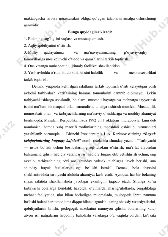mak, bola shaxsini shakllantirishda tarbiyachi alohida ahamiyat kasb etadi. ayniqsa, har bir bolaning shaxs sifatida shakllanishida javobgar ekanligini taqozo etadi. shunga ko‘ra tarbiyachi bolalarga kundalik hayotda, o‘yinlarda, mashg‘ulotlarda, birgalikdagi mehnat faoliyatida, ular bilan bo‘ladigan muomalada, muloqotda ibrat, namuna bo‘lishi bolani har tomonlama diqqat bilan o‘rganishi, uning shaxsiy xususiyatlarini, qobiliyatlarini bilishi, pedogogik nazokatini namoyon qilishi, bolalarning xulq-atvori ish natijalarini haqqoniy baholashi va ularga o‘z vaqtida yordam ko‘rsata olishi hamda oilaviy ahvoli bilan qiziqishi zarur hisoblanadi. demak, «kadrlar tayyorlash milliy dasturi» g‘oyalarni amaliyotga tatbiq etish respublika ta’lim tizimida olib borilayotgan islohotlar muvaffaqiyatini ta’minlash ta’lim muassasalarida faoliyat olib borayotgan tarbiyachi murabbiylarning ma’naviy qiyofasi hamda kasbiy mahoratlariga ham bog‘likdir. bolani tarbiyalash nihoyatda qiyin va murakkab jarayon bo‘lib, juda qadimdan ushbu faoliyatga jamiyatning yetuk kishilari jalb etilgandir. xususan, qadimgi gretsiya va rim tarixidan yaxshi bilamizki, miloddan avvalgi davrlarda ham yosh avlod tarbiyasi o‘zining ma’naviy qiyofasi va aqliy qobiliyati bilan jamiyat a’zolari o‘rtasida yuksak hurmat ehtiromga …