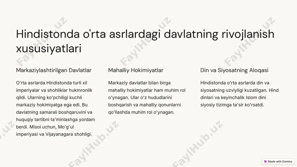 indistonning o'rta asrlardagi musulmon davlatlari bilan huquqiy aloqalari islom huquqi musulmon davlatlari o'z huquqiy tizimlarini hindistonga olib kelishdi. islom huquqi, shariat, jinoyatlar va sud ishlari bilan bog'liq qonunlarni o'z ichiga olgan. huquqiy adabiyot musulmon huquqiy olimlari o'zlarining huquqiy kitoblarini yozdilar. bu kitoblar hindistonda huquqiy amaliyotni rivojlantirishga hissa qo'shdi. madaniy aloqalar musulmon davlatlari bilan aloqalar madaniy va huquqiy almashinuvga olib keldi. 6 o'rta asrlarda hindistondagi huquqiy maktablar va maktablar hinduizm huquqi hinduizm huquqi o'ziga xos huquqiy maktablari va maktablariga ega edi. ular turli xil huquqiy masalalar bo'yicha fikr yuritishdi. islom huquqi islom huquqiy maktablari ham rivojlangan. ular shariat qonunlarini talqin qilish va qo'llash bo'yicha o'z fikrlarini ifoda etishdi. mahalliy an'analar mahalliy huquqiy an'analar o'ziga xos maktablar va qoidalarni shakllantirdi. ular mahalliy ehtiyojlarga moslashtirilgan. 7 o'rta asrlarda hindiston huquqining asosiy xususiyatlari 1 qonunlarning xilma-xilligi hindistonning turli xil madaniy va diniy ta'sirlari huquqiy tizimda ko'zga tashlanardi. ular turli xil qonunlarga ega edi. 2 …