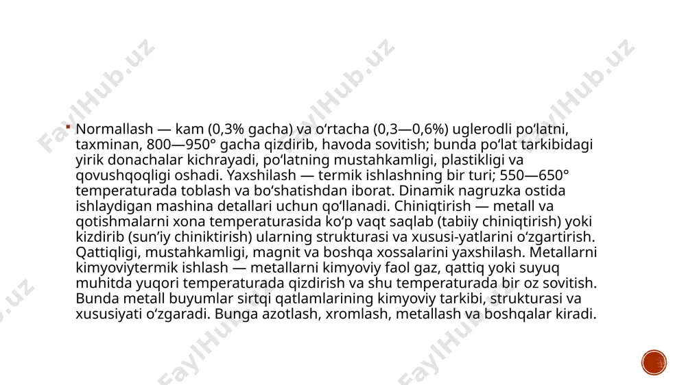 tg). isitganda bir moddada sodir bo’ladigan jarayonlar uning massasining o’zgarishi bilan birga kechadi. nozik termabalanslar yordamida massaning o’zgarishi bilan birga keladigan o’zgarishlarni ro’yxatdan o’tkazish mumkin. 143 termogravimetriya usulining ma’nosi moddaning qizdirilganda uning massasini o’zgartirish orqali mutlaqo har qanday o’zgarishlarni o’rganishdir. termogravimetriya quyidagilarga bo’linadi: a) izotermik; b) doimiy ravishda qayd etiladigan dinamik; c) kvazistatik yoki bosqichli. metallga biror kuch ta’sir ettirilganda geometrik shaklini o’zgartirish deformatsiya deyiladi. deformatsiya natijasida metallarning kristall panjarasi o’zgaradi. panjara tugunchalaridagi atomlar o’z o’rnidan siljiydi. normal temperaturada metallning deformatsiyasi uch bosqichdan: elastik va plastik d eformatsiyalardan hamda yemirilishdan iborat bo’ladi. metallning elastiklik xossalari atomlararo ta’sir kuchlaridan kelib chiqadi, shuning uchun metall qizdirilganda elastiklik moduli pasayadi, chunki temperaturaning ko’tarilish natijasida metallning kristall panjarasidagi atomlararo masofa kattalashadi, binobarin, atomlarning o’zaro tortishuv kuchi zaiflashadi. metallga ta’sir ettirilgan kuch olingandan keyin metall asli holiga (shakliga) kelmasa, ya’ni unda qoldiq deformatsiya hosil bo’lsa, bunday deformatsiya plastik deformatsiya deyiladi. metallda plastik deformatsiya shu metallga …
