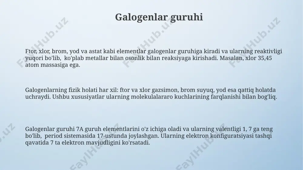 lorod (o) va azot (n). ularning zichligi 1 g/sm³ dan ancha past bo'lib, metallarga qaraganda ancha yengilroqdir. bu ularning atom tuzilishi bilan bog'liq. no metallarning elektr o'tkazuvchanligi metallarga nisbatan ancha past. masalan, kremniy (si) ning elektr o'tkazuvchanligi mis (cu) dan 10⁶ marta kam. bu xususiyat elektronlarning harakatchanligidagi farq bilan izohlanadi. no metallarning erish va qaynash haroratlari keng diapazonda o'zgaradi. masalan, oltingugurt (s) ning erish harorati 115°c, kvarts (sio2) ning erish harorati esa 1713°c atrofida. bu farq ularning kimyoviy bog'lanish turiga bog'liq. metallarning kimyoviy xossalari metallarning yuqori elektr oʻtkazuvchanligi ularning kristall panjarasidagi erkin elektronlar bilan bogʻliq boʻlib, masalan, kumushning elektr oʻtkazuvchanligi 62,1×10⁶ sm/m ga etadi va bu xususiyat elektronika sanoatida keng qoʻllaniladi. metallarning korroziyaga chidamliligi turlicha; alyuminiy (al) passivlash qatlami hosil qilib, korroziyaga chidamli boʻladi, lekin temir (fe) nam muhitda 1-2 yil ichida zanglaydi, shuning uchun maxsus himoya qoplamalari kerak. metallarning reaksiyaga kirishish faolligi ularning elektrokimyoviy potentsialiga bogʻliq boʻlib, masalan, natriy …