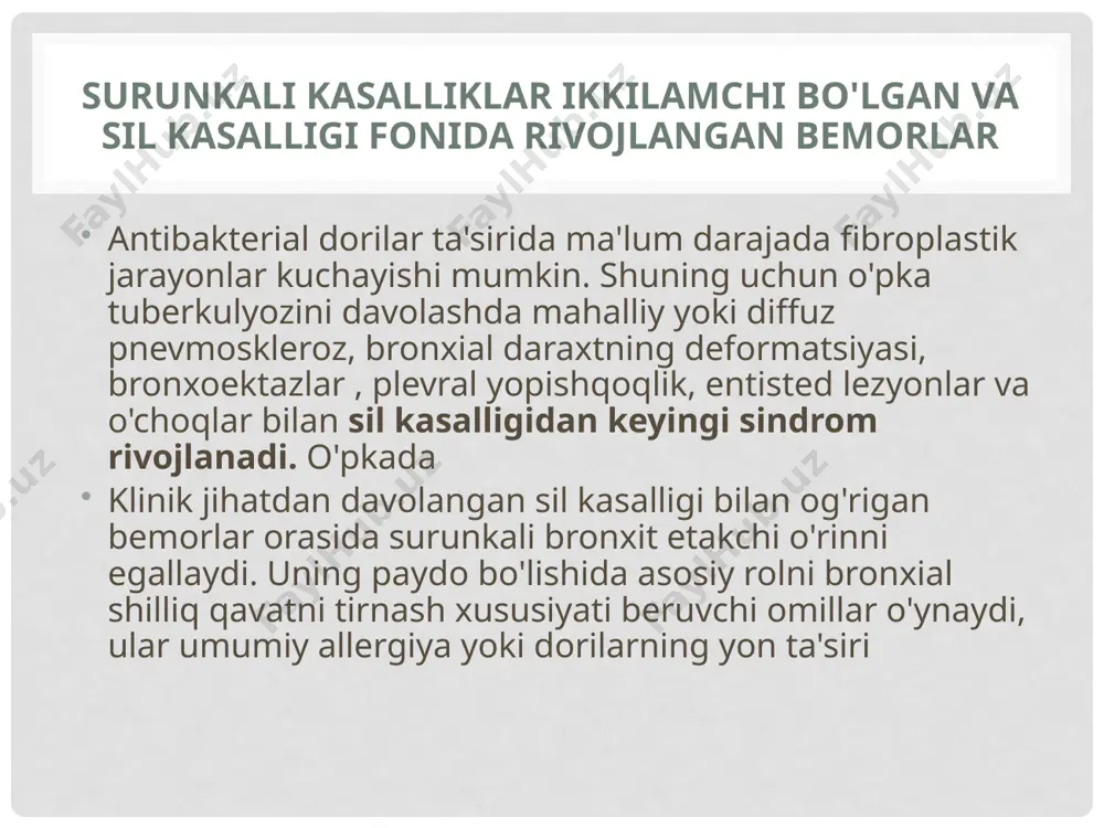 izemasi va bronxial astma bilan ifodalanadi. 2. pnevmoniogen mexanizm o'tkir pnevmoniya va uning asoratlari bilan bog'liq (o'tkir xo'ppoz, karnifikatsiya ) va surunkali xo'ppoz va surunkali pnevmoniya rivojlanishiga olib keladi. 3. pnevmonitogen mexanizm fibrozning turli shakllari bilan ifodalanadigan surunkali interstitsial kasalliklarning rivojlanishini belgilaydi. alveolit . natijada, koah rivojlanishining barcha uchta mexanizmi pnevmosklerozga, ikkilamchi o'pka gipertenziyasiga, yurakning o'ng qorinchasining gipertrofiyasiga (kor pulmonale) va yurak-o'pka etishmovchiligiga olib keladi . surunkali bronxit - bronxial bezlar tomonidan ortiqcha shilimshiq ishlab chiqarish bilan tavsiflangan kasallik bo'lib, u kamida 3 oy (yiliga) kamida 2 yil davom etadigan samarali yo'talga olib keladi. etiologik jihatdan surunkali bronxit rivojlanishining eng muhim omili chekishdir. surunkali bronxitning tasnifi. 1. tarqalishi bo'yicha: a) mahalliy (odatda ii, iv, viii, ix, x o'pka segmentlarida) b) tarqoq 2. bronxial obstruktsiya mavjudligiga qarab: a) obstruktiv b) obstruktiv bo'lmagan 3. yallig'lanish xarakteriga ko'ra: a) kataral - shilimshiq b) kataral - yiringli c) polipoz d) deformatsiya qiluvchi surunkali bronxit …