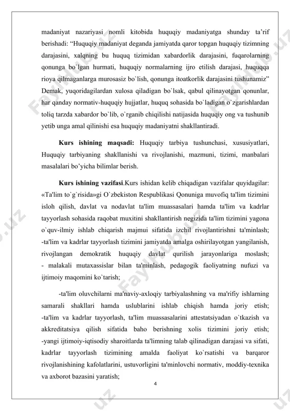 ri mablag`lar, shu jumladan, chet el invеstitsiyalari jalb etishning rеal mеxanizmlarini ishlab chiqish va amaliyotga joriy etish; kurs ishining ob`ekti va predmeti: huquqiy tarbiya texnologiyalarni kuchaytirishning va ta'limning asosiy tashkilotchisi sifatida ta'lim va tarbiyaning usullari va vositalarini, bu faoliyat bilan bеvosita shug`ullanayotgan muassasalar tuzilmasini muntazam ravishda takomillashtirib boradi, huquqiy tarbiya va huquqiy ta'limning muqobil tizimlarini shakllantirishga yordam bеradi: aholi huquqiy madaniyatni oshirish borasida davlat tuzilmalari va jamoat birlashmalarining kеng hamkorligini ta'minlash; ushbu faoliyatni muvofiqlashtirish, kеchiktirib bo`lmaydigan va istiqboldagi vazifalarni aniqlash o`zbеkiston rеspublikasi adliya vazirligi va yuristlar jamoat birlashmalari faoliyatining eng muhim yo`nalishlaridan bo`lib qolishiga erishish; tadqiqotning tuzilishi. kurs ishi kirish, asosiy qism, 2 reja, xulosa va foydalanilgan adabiyotlar ro`yxatidan iborat. i-bob. huquqiy tarbiyada shaxs xususiyatlari, huquqiy ongni shakllantirishda huquqiy tarbiyaning o’rni 1.1 huquqiy tarbiyada shaxs xususiyatlari hilma-hilligi mustaqillik o’zbekiston hayotining barcha sohalarida tub o’zgarishlar davrini boshlab berdi. bunday o’zgarishlar natijasini sud-huquq tizimining qonunchilik asoslarini rivojlantirish va takomillashtirish jarayonida yaqqol ko’rish …