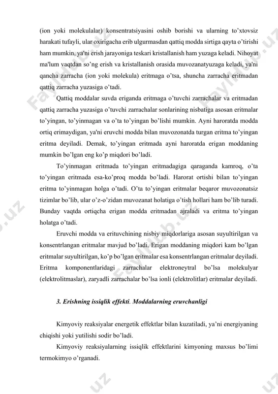 moddalarning eruvchanligi kimyoviy reaksiyalar energetik effektlar bilan kuzatiladi, ya’ni energiyaning chiqishi yoki yutilishi sodir bo’ladi. kimyoviy reaksiyalarning issiqlik effektlarini kimyoning maxsus bo’limi termokimyo o’rganadi. issiqlikning ajralib chiqishi bilan sodir bo’ladigan reaksiyalar ekzotermik (grekcha “ekzo”- “tashqariga”) reaksiyalar deyiladi. issiqlikni yutilishi bilan sodir bo’ladigan reaksiyalar endotermik (grekcha “endo”-“ichkariga”) reaksiyalar deyiladi. kimyoviy jarayonlarda nafaqat issiqlikni chiqishi yoki yutilishi, balki boshqa turdagi energiyalar: elektrik, yorug’lik, mexanik va h.k lar chiqishi mumkin. masalan galvanik elementlarda elektr energiyasi chiqadi, moddalarning elektrolizida esa u yutiladi. fosforning nurlanishida yorug’lik energiyasining chiqishi kuzatiladi (xemilyumines tsentsiya), fotomateriallarda esa yorug’lik energiyasining yutilishi natijasida kumush tuzlari parchalanadi, portlash reaksiyalarida esa juda katta mexanik energiya ajralib chiqadi (albatta avval portlovchi moddaga mexanik ta’sir ettiriladi). kimyoviy jarayonlarning borishida yutiladigan yoki ajralib chiqadigan har hil energiya turlari issiqlik energiyasiga aylantirib hisoblanadi va uning miqdori kilojoullarda ifodalanadi (kj). kimyoviy reaksiyaning issiqlik effekti qiymati moddaning bir moli reaksiyaga kirishganda qancha issiqlik chiqishi yoki yutilishi bilan ifodalanadi. reaksiyalarning …