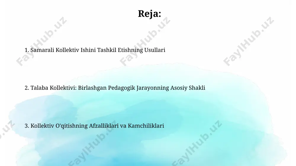 izmat qiladi. kollektiv tarbiyaning mazmuni va vazifalari kollektiv tarbiyaning asosiy vazifalaridan biri, 10-15 yoshli o'quvchilarda jamoaviylik tuyg'usini shakllantirish, o'zaro hurmat va hamkorlikni rivojlantirish orqali shaxsiyatning ijtimoiylashuvini ta'minlashdan iborat. kollektiv tarbiya jarayonida o'quvchilarning 3 ta asosiy guruhga (yuqori, o'rta va past darajadagi) bo'linishi va har bir guruh uchun individual yondashuv qo'llanilishi, samaradorlikni oshiradi. pedagogik rahbarlikning ahamiyati pedagogik rahbarlik o'quv jarayonining samaradorligini 20-30% ga oshirishi mumkin, chunki u talabalarning individual ehtiyojlarini va o'rganish uslublarini hisobga oladi. talabalarning akademik ko'rsatkichlarini 15% ga yaxshilash uchun pedagogik rahbarlikning muntazam va tizimli bo'lishi, individual yondashuvni qo'llash muhim. o’quv faoliyatida kollektivning ishtiroki o'quv jarayonida 3-5 kishilik kichik guruhlarda ishlash, o'quvchilarning faol ishtirokini 20% ga oshirib, hamkorlikdagi muammolarni hal qilish ko'nikmalarini rivojlantiradi. sinfda 10 ta turli xil pedagogik texnologiyalarni qo'llash orqali o'quvchilarning kollektivdagi o'zaro ta'sirini 35% ga yaxshilash mumkin. talabalarning o’zaro munosabatlari talabalarning o'zaro munosabatlarining 30%i guruh loyihalari orqali amalga oshiriladi, bu esa ularning jamoaviy ishlash ko'nikmalarini 15% …
