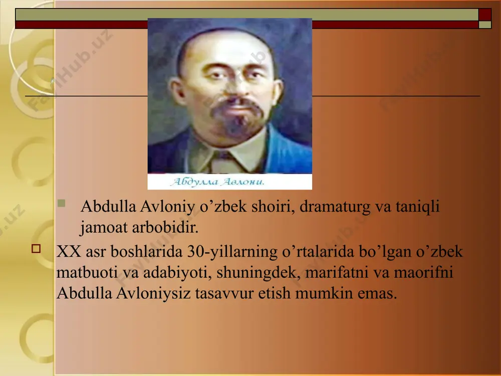 s bilan boshqasi o’rtasida muayyan tanaffuzni, bir sinfdan ikkinchisiga o’tishdagi imtihonni joriy etdi, ta’lim tizimining dunyoviy yo’nalishini kuchaytirishda alohida e’tibor berdi. uning “birinchi muallim” (1909), “ikkinchi muallim” (1912) nomli darsliklari hamda “turkiy guliston yoxud axloq” (1913) nomli qo’llanmasi o’z davrida yoshlarni yangicha yo’nalishda o’qitish va an’anaviy milliy ruh asosida tarbiyalashda katta ahamiyatga ega masalan, bolalarga bag’ishlangan “vatan” (1916) she’rida dunyodagi eng ulug’ va muqaddas tushuncha vatandir, vatanga sadoqatli bo’lmoq, abdulla avloniy ko’plab she’rlar, she’riy to’plamlar muallifidir. uning she’rlarida vatanparvarlik, marifatparvarlik va milliy-ozodlik taronalari alohida o’rin tutadi. marifatli va ilmli bo’lish har bir xalqning taqdiri va taraqqiyotini belgilaydigan omildir, deydi o’nlab she’rlarida avloniy. abdulla avloniy hayot faoliyati turkistonda yuritilayotgan istibdod siyosatiga ham, o’lkaning o’zidagi yurtfurush amaldorlarning zulm – zo’ravonligiga bir kun kelib chek qo’yishini aytadi. avloniy faoliyatida gazetachilik, teatr ishlari, o’qituvchilik alohida o’rin tutadi. u oktyabr o’zgarishiga qadar “shuhrat” (1907), “turon” (1917) nomli gazetalarni chiqardi, ma’lum muddat turkistonning ilg’or va mashhur …