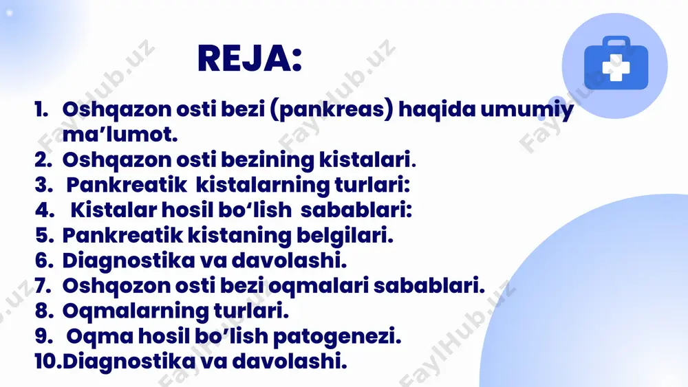 i bezi kanalida rivojlanishi mumkin va prekanser yoki saraton bo’lishi mumkin, bu erkaklar va ayollar, ayniqsa 50 yoshdan oshganlarga ta’sir qiladi. qattiq psevdopapillyar neoplazmalar: kamdan-kam uchraydigan o’smalar odatda yosh ayollarda uchraydi, ular saraton bo’lishi mumkin va ko’pincha jarrohlik aralashuvni talab qiladi. kistik neyroendokrin o’smalar: asosan qattiq, ammo kist tarkibiy qismlariga ega bo’lishi mumkin, bu o’smalar prekanser yoki saraton bo’lishi mumkin va boshqa oshqozon osti bezi kistalariga taqlid qilishi mumkin. pankreatik kistalarning turlari: kistalar hosil bo‘lish sabablari: ko’pgina oshqozon osti bezi kistalarining aniq sababi noma’lumligicha qolmoqda. biroq, ularning shakllanishiga ma’lum shartlar va omillar yordam berishi mumkin: pankreatit (surunkali yoki o‘tkir) : kistlar ko’pincha pankreatit epizodlaridan keyin paydo bo’ladi, bu erda ovqat hazm qilish fermentlari oshqozon osti bezini muddatidan oldin faollashtiradi va bezovta qiladi. jarohat yoki jarrohlikdan keyingi o‘zgarishlar-qorin bo’shlig’idagi shikastlanishlar ham psevdokistlarga olib kelishi mumkin. genetik omillar (masalan, polikistik kasallik) - polikistik buyrak kasalligi yoki fon hippel-lindau kasalligi kabi sharoitlar kist …