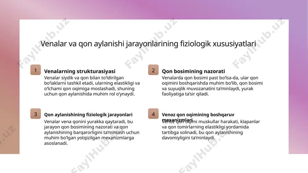 ng buzilishiga olib keladi. patofiziologik jarayonlar venoz tizimdagi muammolar, qon bosimi va qon qattiqlashining patofiziologik asoslarini tushunish, davolash va oldini olish uchun muhimdir. yurak va venoz tizim o'rtasidagi aloqalar: muammolar va profilaktika choralari 1 yurak va venoz tizimning aloqasi yurak va venoz tizim bir-biri bilan doimiy ravishda bog‘liq bo‘lib, yurak qon tomirlarining umumiy funksiyasini ta’minlaydi, qon aylanishining uzluksizligini ta’minlaydi. 2 muammolar va xavf omillari yurak va venoz tizimdagi muammolar (masalan, yurak yetishmovchiligi yoki venoz tromboz) qon aylanishini buzib, organizmda gipoksiya va turli kasalliklarni keltirib chiqarishi mumkin. 3 profilaktika va davolash muammolarni oldini olish uchun sog‘lom turmush tarzini saqlash, jismoniy faollik, to‘g‘ri ovqatlanish va shifokor nazorati muhimdir. zamonaviy davolash metodlari muhim rol o‘ynaydi. xulosa 01 venoz tizimning asosiy vazifalari va roli venoz tizim organizmda deoxygenatlangan qon yetkazib, yurakka qaytaradi, qon aylanishini muvofiqlashtiradi va sog‘liqni ta’minlaydi. bu tizim yurak va boshqa organlar uchun muhim vazifa bajaradi, sog‘liqni saqlashda asosiy rol o‘ynaydi. 02 …