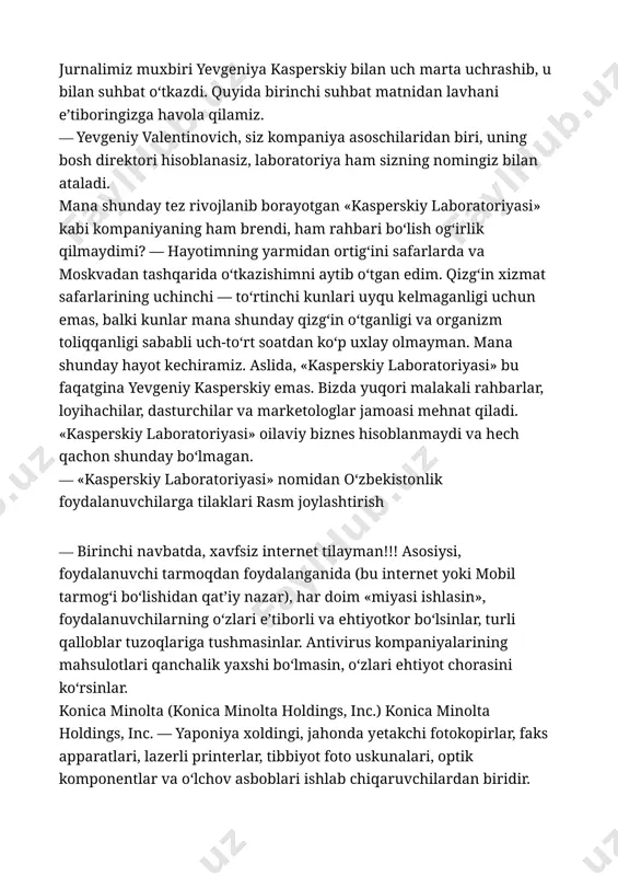 op emas. 3. qoidalarga nisbatan cheklovlar: ayrim davlatlarda, jumladan aqshda, kaspersky antivirusidan foydalanishda cheklovlar mavjud. bu kasperskining rus kompaniyasi ekanligi bilan bog‘liq bo‘lib, uning hukumat tomonidan kuzatilishi xavfi borligi haqida xavotirlar mavjud. 4. reklamalar: ba'zida kaspersky dasturi obuna variantlarini tavsiya qilish va boshqa reklama xabarlarini ko‘rsatishi mumkin. bu ayrim foydalanuvchilarga noqulaylik tug‘diradi. 5. dasturiy interfeysdagi ortiqcha yuklama: ko‘plab qo‘shimcha funksiyalarning mavjudligi ba’zi foydalanuvchilar uchun ortiqcha bo‘lishi mumkin, bu esa dasturdan foydalanishni biroz murakkablashtirishi ehtimolini oshiradi. kaspersky antivirus dasturini tanlashda ushbu afzallik va kamchiliklarni hisobga olish foydali bo‘ladi. kaspersky – bu dunyoda mashhur bo'lgan antivirus dasturiy ta'minotini ishlab chiqaruvchi kompaniya. u kompyuter va boshqa qurilmalar uchun zararli dasturlardan himoya qilish, viruslarni aniqlash va bartaraf etish, hamda umumiy xavfsizlikni ta’minlash uchun keng ko‘lamli funksiyalarni taklif qiladi. kaspersky antivirusining asosiy funksiyalari: 1. real-vaqt himoyasi: qurilmangizda ishlayotgan va ochilgan barcha dasturlarni kuzatib boradi, zararli dasturlarni darhol aniqlab, bloklab qo'yadi. 2. virus skanerlash: tizimingizni va …