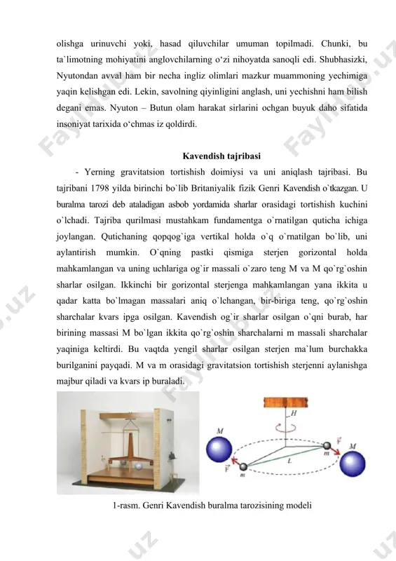 = 0,73 kg; m = 158 kg bo`lgan. kavendish tajribasi bir necha marta qaytarilib, g = 6,685-10-11 n·m2/kg2 ekanligi ma`lum bo`ldi. bu tajribaga asoslanib yer va boshqa sayyoralar massalari aniqlanadi. kavendish hisoblab topgan gravitatsion doimiysining qiymati undan keyingi topilgan qiymatlardan atigi 1% ga farq qildi xolos. 3. rixars tajribasi: 1898 yilda g. kavendishning 100 yilligi munosabati bilan f.rixars gravitatsiya doimiysini hisoblash uchun boshqa usulni qo`lladi. tarozi shayinining uchlariga katta aniqlikda teng massali ikkita a va b sharlar osilgan. sharlar osilgan iplarning massalari ham e`tiborga olindi. muvozanatni tiklash uchun b yelkaga qo`yilishi kerak bo`lgan qo`shimcha kuch sharlarni qo`rg`oshin devor tortadigan 2f kuchga tengdir. gravitatsiya doimiysini bunday aniqlash usuli eng aniq usuldir. bir-biridan uzoqda turuvchi jismlar aloqada bo`ladi. yer, quyosh va boshqalar. bu jismlar materiyani alohida formasi bo`lgan maydon orqali ta`sirlashadilar. har bir jismni atrofida o`z maydoni mavjud. umuman maydon bu biror kuch ta`siri seziladigan fazo sohasidir. tortishish kuchlari yoki ta`siri seziladigan …