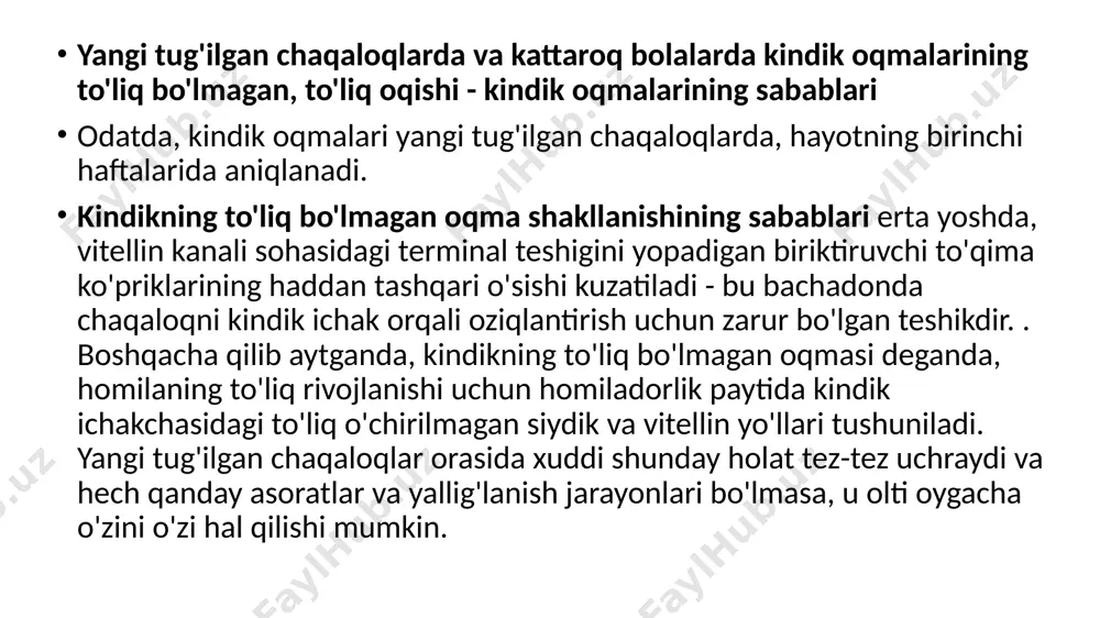 aqaloqda bunday anomaliyalar topilsa, unga darhol operatsiya ko'rsatiladi. to'liq bo'lmagan ichak oqmasi bilan, kutilayotgan davolash ko'rsatiladi, ko'pincha u asta-sekin o'z-o'zidan o'sib boradi, aralashuvsiz. vesiko-kindik oqmalari siydik yo'llari o'sib chiqmaganda rivojlanadi, ular tashqi ko'rinishidan oldingilariga o'xshash bo'lsa-da, vaqti-vaqti bilan bola zo'riqish paytida oqma teshigidan siydik tomchilari chiqariladi. agar bola ayniqsa tashvishlanmasa va yig'lamasa, siydik tomchilab oqadi va qachon kuchli yig'lash va qorin devorining kuchlanishi, hatto tomchilar ham ajralib turishi mumkin. agar u katta oqma bo'lsa, siydik yo'li o'rniga u orqali siydik oqishi mumkin. mekkel divertikulasi. enterokist. vitellin kanali, agar u o'chirilmasa, bir qator manba bo'lishi mumkin konjenital anomaliyalar. embrion kanalining omfalo-entericus saqlanish darajasiga qarab, anomaliyalar farqlanadi: 1) kindik oqmalari - to'liq va to'liq bo'lmagan, 2) mekkel divertikullari va 3) enterokistlar. turli xil variantlar bu anomaliyalar diagrammada ko'rsatilgan (120-rasm). klinika. sariq kanal butun bo'ylab ochiq qolishi mumkin (120-rasm, 1), keyin kindikda oqma paydo bo'ladi, undan yorqin qizil shilliq qavat chiqadi. fistulaning kattaligiga …