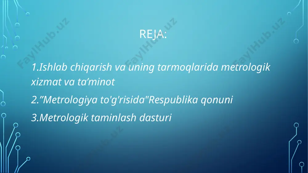 qayta tiklanishini ta’minlaydigan va bu sharoitlar uchun birlamchi etalon bo‘lib xizmat qiladigan etalon. “metrologiya to‘g‘risida” respublika qonuni ma’lumki, 1993 yilning 28 dekabrida prezidentimiz tomonidan ketma-ket uchta, ya’ni “standartlashtirish to‘g‘risida”, “metrologiya to‘g‘risida” va “mahsulot va xizmatlarni sertifikatlashtirish” qonunlari imzolangan edi. bu qonunlarning hayotga tadbiq etilishi respublikamizdagi mavjud metrologiya xizmatini yangi rivojlanish bosqichiga ko‘tarilishiga asos bo‘ldi. metrologiya to‘g‘risida” gi qonun 5 bo‘limdan iborat bo‘lib, bu bo‘limlar 21 moddani o‘z ichiga olgan. respublikamizda metrologiya xizmatini yo‘lga qo‘yish va bunda jismoniy va yuridik shaxslarning ishtiroki va funksiyalari, bu boradagi javobgarliklar bo‘yicha keng ma’lumotlar berilgan. qonunda ko‘rsatilganidek, o‘lchash vositalarining davlat sinovlarini o‘tkazish, ularning turlarini tasdiqlash va davlat ro‘yxatiga kiritish “o‘zstandart” agentligi tomonidan amalga oshiriladi. qonunda yana bir masala - davlat ro‘yxati belgisini qo‘yish to‘g‘risida ham bayon etilgan. "metrologiya va metrologik ta’minot" – o‘lchashlar birliligi va talab qilingan aniqligini ta’minlash uchun zarur bo‘lgan ilmiy, texnik va normativ-usuliy asoslar sohasi. xalq xo‘jaligi uchun ushbu ixtisoslik ilmiy va …