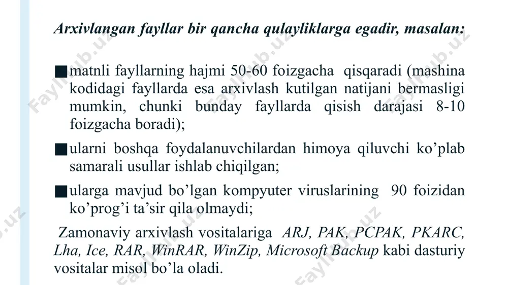 asturiy ta’minotni ishlatish; ikkinchidan, tashqi tarmoqlarga ulanishda filtr cheklovchilar o’rnatish (viruslardan himoyalanish va sank­siyasiz foydalanishni cheklash). image1.jpeg /docprops/thumbnail.jpeg
