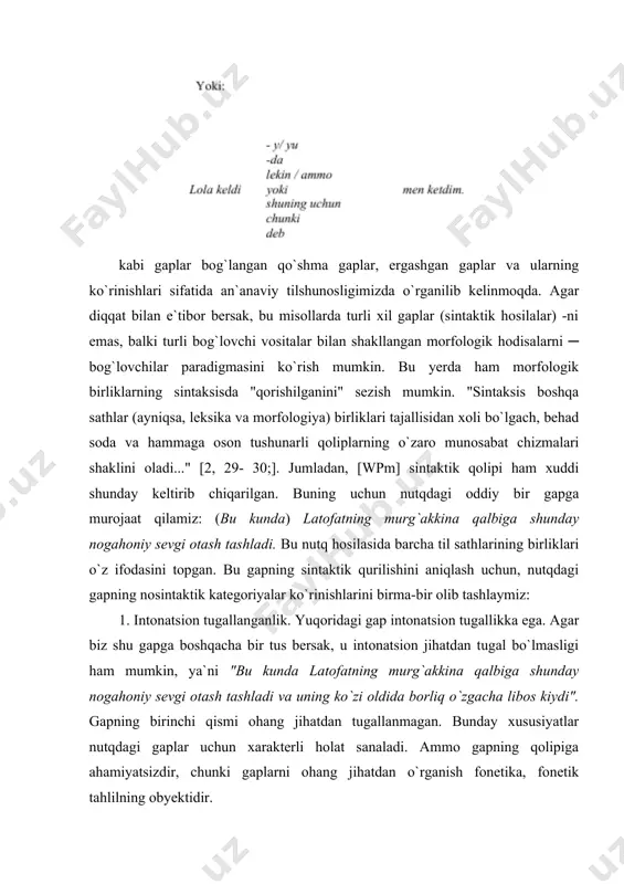 lishi lozimligi uchun, shuningdek, bunday xususiyatlar gapning eng kichik qolipiga daxldor bo`lmaganligi tufayli bu nosintaktik hodisadan ham voz kechamiz. 3. modal ma`nolariga ko`ra turlari. nutqda gap turli modal (gumon, taxmin, ishonch, qat`iylik...) manolarida bo`lishi mumkin. jumladan, yuqorida bergan gapimizni quyidagi shaklda qo`llasak: (bu kunda) latofatning murg`akkina qalbiga shunday nogahoniy sevgi otash tashlaganga o`xshaydi. bu gapda endi gumon ma`nosi o`z ifodasini topgan. bu hodisa ham gapning sintaktik qurilishi uchun ahamiyatsiz bo`lganligi va tilning modallik kategoriyasida o`rganilishi lozimligi tufayli tajalli sifatida gapdan chetlashtiramiz. qisqasi, shunga o`xshash nosintaktik hodisalarni gapdan chetlashtirgandan so`ng gapning bo`laklari qoldi. mashhur fransuz tilshunosi l.ten`er grammatikasida (gap bo`laklarining gap ichidagi mavqei, darajalanishi) asoslangan holda gapdagi markaziy bo`lakni aniqlashga kirishamiz. bu gapning eng kichik qolipini aniqlashdagi ikkinchi tayangan bosqichimiz bo`ladi “(bu kunda) latofatning murgakkina qalbiga shunday nogahoniy sevgi otash tashladi” gapini bo`laklardan birma- bir xoli qilgach, fikrni ifodalay oladigan markaziy bo`lak ─ kesim vazifasidagi so`z forma ("tashladi") qoldi va quyidagi …