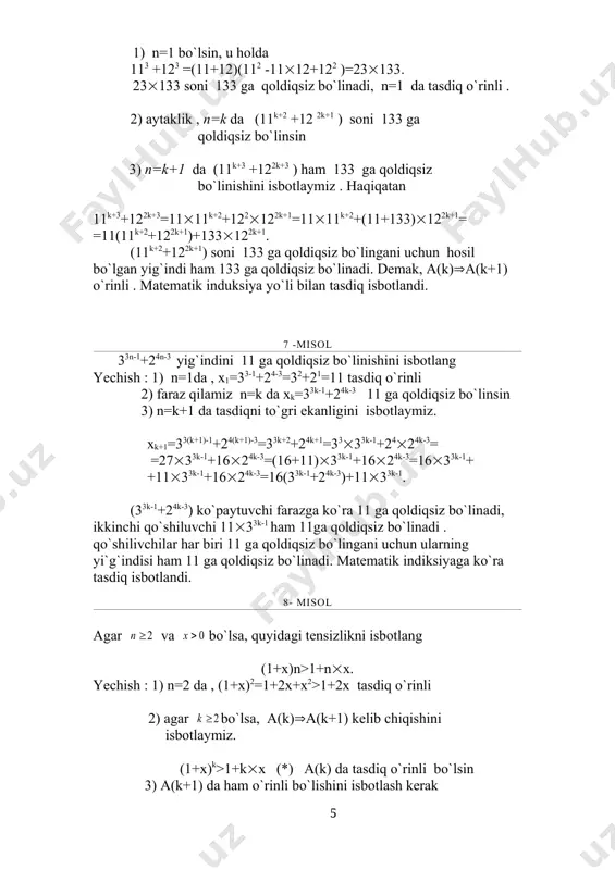 bu tengsizlikni o`ng tomoniga e`tibor bersak (1+k(x)(1+x)=1+(k+1)(x+k(x2>1+(k+1)(x. natijada (1+х)k+1>1+(k+1)(x. demak , а(k)(a(k+1) isbotlandi. matematik induksiyaga asosan bernulli tengsizligi ixtiyoriy natural da o`rinli ekan 9- misol natural n>6 da 3n > n(2n+1 bo`lishini isbotlang yechish : tengsizlikni quyidagi ko`rinishda yozib olamiz (3/2)n>2n. 1) n=7 da 37/27=2187/128>14=2(7 tengsizlik o`rinli 2) faraz qilamiz n=k da (3/2)k>2k 3) n=k+1 da tengsizlik o`rinli bo`lishini isbotlaymiz 3k+1/2k+1=(3k/2k)((3/2)>2k((3/2)=3k>2(k+1). bo`lgani uchun , oxirgi tengsizlik o`rinli . matematik induksiyaga ko`ra ,tengsizlik ixtiyoriy n>6 da to`g`rib o`lishi isbotlandi . xulosa matematik induksiya usulini o`rganib , men oldin yechishga qiynalayotgan matematikaning sonlarni qoldiqsiz bo`linishiga oid misollarni yechishni , murakkab tengliklar yoki tengsizliklarni isbotlashni o`rgandim. matematik induksiya usuli bu qadam – baqadam mantiqiy fikrlarni yoki tasdiqlarni isbotlash usuli bo`lgani uchun menda bu fan bo`lgan qiziqishimni yanada orttirdi. oldin murakkab va hal qilib bo`lmaydigandek ko`ringan bunday misol va masalalar yechish asta – sekin bir zaylda shug`ullanadigan va qiziqtirivchi mashg`ulotlarga aylanib boradi. menimcha bu …