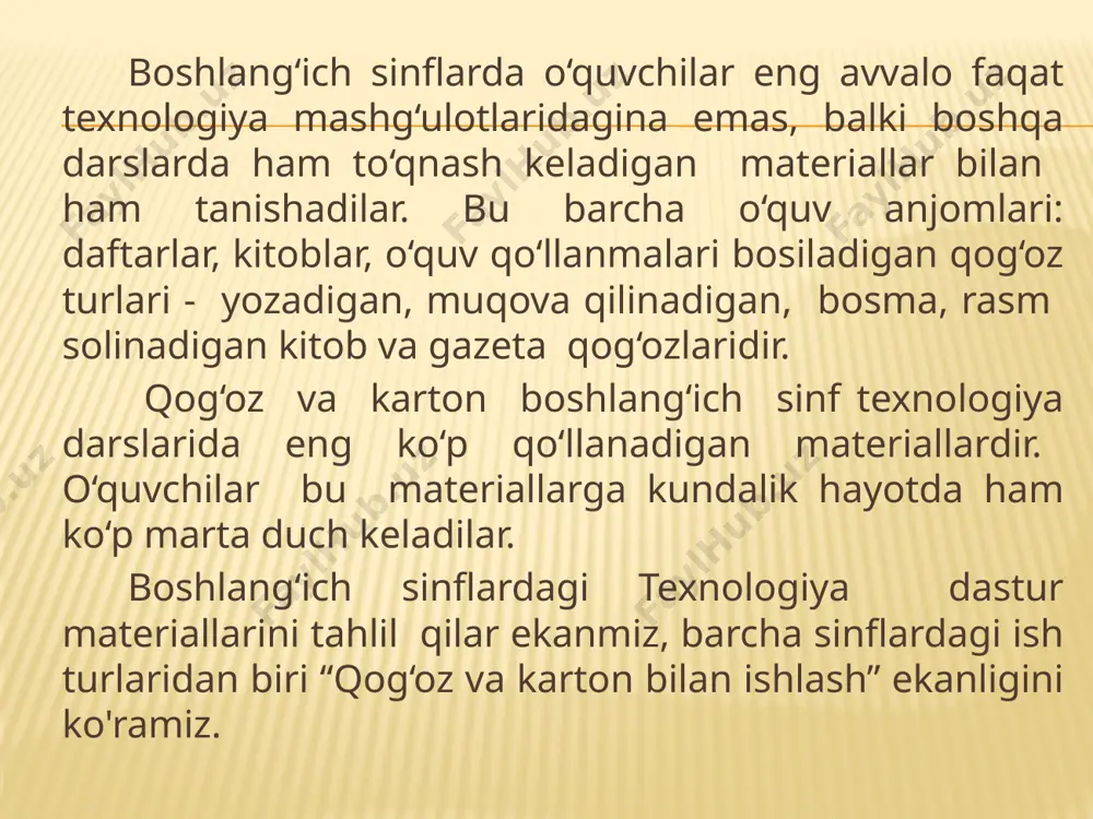 ‘ozni buklash yo‘l bilan turli xil narsalarning shaklini yasaydilar. “qog‘oz va karton bilan ishlash” o‘quvchilami garmonik rivojlantirishda katta ahamiyatga ega. ayniqsa, rangli qog‘oz bian ishlash ijodni rivojlantirshga yordam beradi fantaziyani boyitadi, kuzatuvchanlik, iqqat va tasavvurni faollashtiradi, irodani tarbiyalaydi, qo‘l mehnati, chamalash va rangni sezishni o‘stiradi. qog‘oz va karton bilan ishlash mashg‘ulotlariga oldindan quyidagicha tayyorgarlik ko‘riladi: stolning ustiga qog‘oz yozib, o‘ng tomoniga qaychi, yelim uchun cho‘tka, chizg‘ich, qalam, avtoruchka, old tomonlariga yelim, qiyqimlar uchun quti chap tomonlariga, ish vaqtida xalaqit bermaydigan qilib rangli qog‘oz to‘plamini qo‘yadilar. har bir mashg‘ulot oxirida o‘quvchilar keyingi mashg‘ulotda kerak bo‘ladigan asbob va jihozlarni yozib oladilar. o‘quvchilar ishlayotgan materiallarga tejamkorlik bilan munosabatda bo‘lishlari, o‘z ishlarini rejalashtira bilishlari, materialni tejamkorlik bilan sarflashlari, vaqtdan unumli foydalanishlari, o‘qituvchi ko‘rsatmalariga amal qilishlari, shu bilan birga ish joyini toza va ozoda saqlashlari, mashg‘ulotdan so‘ng sinfni tozalab qo'yishlari kerak. barcha fanlarda qo‘llanilgani kabi mehnat darslarida ta’limning ko‘rgazmali vositalaridan foydalaniladi. jumladan, texnologiyat darslarida turli …