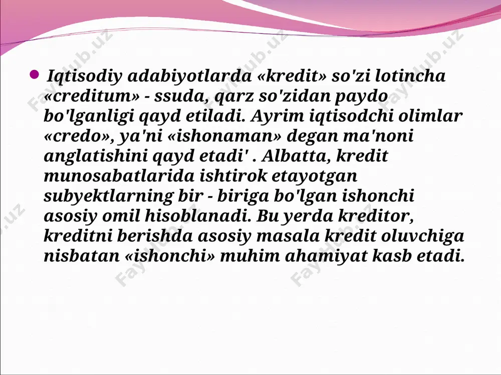 ladigan kreditdir. bu - xalqaro iqtisodiy aloqalar doirasida pul kapitalining valuta va tovar moddiy qimmatliklari ko'rinishida qaytarish, muddatlilik va to'lovlilik asosida beriladigan harakatidir. xalqaro kreditning subyektlari sifatida ikkita mamlakat, turli davlatlaming yuridik yoki jismoniy shaxslari maydonga chiqadi. xalqaro kreditning subyektlari mulkiy shakliga qarab davlat, aralash mulk va shaxsiy mulklarga guruhlanadi. xalqaro kreditlar kreditor mamlakatning milliy valutasida yoki uchinchi mamlakatning valutasi (aqsh dollari, yevro) da berilishi mumkin.