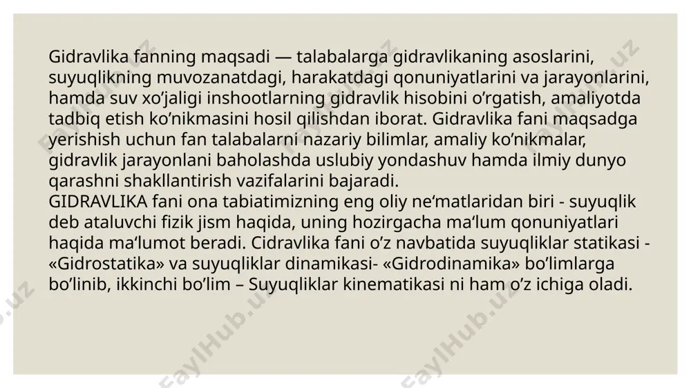 h.k.). qovushoqlik hodisasi suyuqliklaming harakati vaqtida yuzaga keladi va harakatlanayotgan zarracha harakatiga qarshilik sifatida namoyon boiadi. bu qarshilikni yengish uchun ma’lum miqdorda kuch sarflash kerak bo'lib, qovushoqlik qancha kuchli bo'lsa, sarflash kerak bo‘lgan kuch ham shuncha ko‘p bo‘ladi. qovushoqlik darajasini qovushoqlik koeffitsiyenti deb ataluvchi kattalik bilan ifodalanadi va u ikki xil koeffitsiyent orqali aniqlanadi hamda aniqlanish usuliga qarab dinamik va kinematik qovushoqlik koeffitsiyentlariga bo‘linadi. dinamik qovushoqlik (yopishqoqlik) koeffitsiyent suyuqlikni katta yuzaga ega bo‘lgan idishga solib, uning yuziga biror plastinka qo‘ysak va bu plastinkani ma’lum bir kuch bilan torta boshlasak, suyuqlik zarrachalari plastinka sirtiga yopishishi natijasida harakatga keladi (m). agar plastinkaning qo'yilgan f kjjch ta’sirida olgan tezligi и bo'lsa, u bilan yonma-yon turgan zarrachalar ham и tezlikka ega bo‘ladi. foydalanilgan adabiyotlar k.sh.latipov, a.arifjanov, x.kadirov, b.toshov «gidravlika va gidravlik mashinalar», navoiy sh., alisher navoiy, 2014 y. k.sh.latipov «gidravlika va gidravlik mashinalar», toshkent. o‘qituvchi, 2011y. a.m.arifjanov «gidravlikadan masalalar to‘plami» -toshkent, 2004 y. http://www.google.uz. …