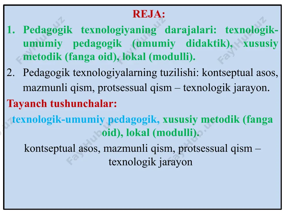 bo`ladi. pedagogik texnologiyaning texnologik-umumiy pedagogik (umumiy didaktik) darajasida pedagogik texnologiya pedagogik tizim tushunchasiga sinonim xisoblanadi. pedagogik texnologiyaning texnologik-umumiy pedagogik (umumiy didaktik) darajasining tarkibiga ta’lim-tarbiya jarayonining maqsad va vazifasi mazmuni, vosita va metodlari tarbiya jarayonining obyekti va subyekti faoliyatining algoritmlari kiradi. pedagogik texnologiyaning xususiy - metodik darajasi pedagogik texnologiyaning muayyan bir predmet, kursni o`qitish jarayonining maqsad va vazifalarini amalga oshirish maqsadida foydalaniladigan ta’lim mazmuni o`qitish vositalari o`qitish metodlari o`qitish shakllarining majmuasi tushuniladi pedagogik texnologiyaning lokal (modul) darajasi ta’lim-tarbiya jarayonining ma’lum bir qismining xususiy didaktik va tarbiyaviy maqsadini hal etishga qaratidgan texnologiya tushuniladi. bu darajada: o`quvchilarning mustatsil ishlarini tashkil etish o`quvchilar bilimini nazorat qilish shaxsiy fazilatlarni shakllantirish kabi masalalar ko`zda tutiladi. demak, pedagogik texnologiyaning darajalari bir-birini to`ldiradi va taqozo etadi xususiy metodik umumpedagogik lokal (modul) 2. pedagogik texnologiyalarning tuzilishi: kontseptual asos, mazmunli qism, protsessual qism – texnologik jarayon pedagogik texnologiyaning tuzilmasi: konseptual asos ta’lim jarayonining mazmuni protsessual qism – texnologik jarayondan iborat …