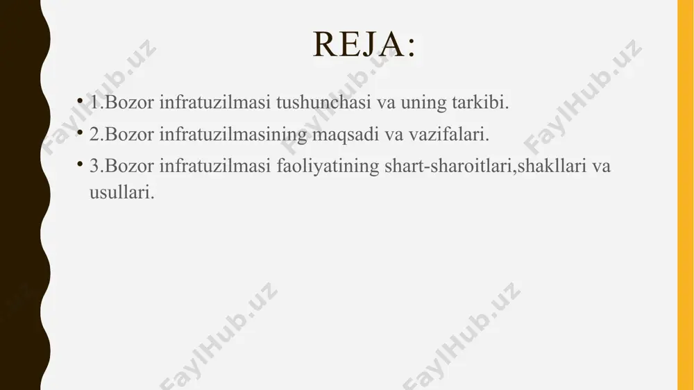 ar qatnashishi shart emas .ular nomidan ishni broker( dollollar)lar yuritadi. birjaning quyidagi turlari keng tarqalgan: tovar birjasi –oldindan belgilangan qoidalar asosida ulgurji savdoni tashki etsh shakli. fond birjasi –qimmatli qog`ozlar oldi-sotdisi bo`yicha rasmiy jihatdan tashkil etilgan va muntazam amal qiluvchi bozor shakli valyuta birjasi – milliy valyutalar kurslari bo`yicha ularning erkin oldi-sotdisi amalga oshiriladigan ,rasmiy jihatdan tashkil etilgan bozor shakli mehnat birjasi-ishchilar va tadbirkorlar o`rtasidagiishchi kuchini oldi –sotdi bitimini tuzishda vositachilikni amalga oshiruvchi va ishsizlarniro`yxatga oluvchi muassasa birjalar universal ixtisoslashgan ixtisoslashgan birjalarda ayrim turdagi yoki bir guruh tovarlar sotiladi universal birjalarda har xil turdagi tovarlar sotiladi brokerlar odatda mijozlar topshirig`iga ko`ra uning hisobiga ish yuritadi ,kafolat beruvchi hisobiga o`z nomidan savdo bitimlarini tuzishi ham mumkin. broker (dollol yoki makler) –bu tovar , fond va valyuta birjalarida oldi- sotdi bitimlarini tuzishda vositachilik qiladigan shaxs yoki maxsus firma auksionda savdo tovarlarning nisbatan cheklangan ro`yxati bo`yicha ommavi sotuvga qo`yish yo`li bilan o`tkaziladi . …